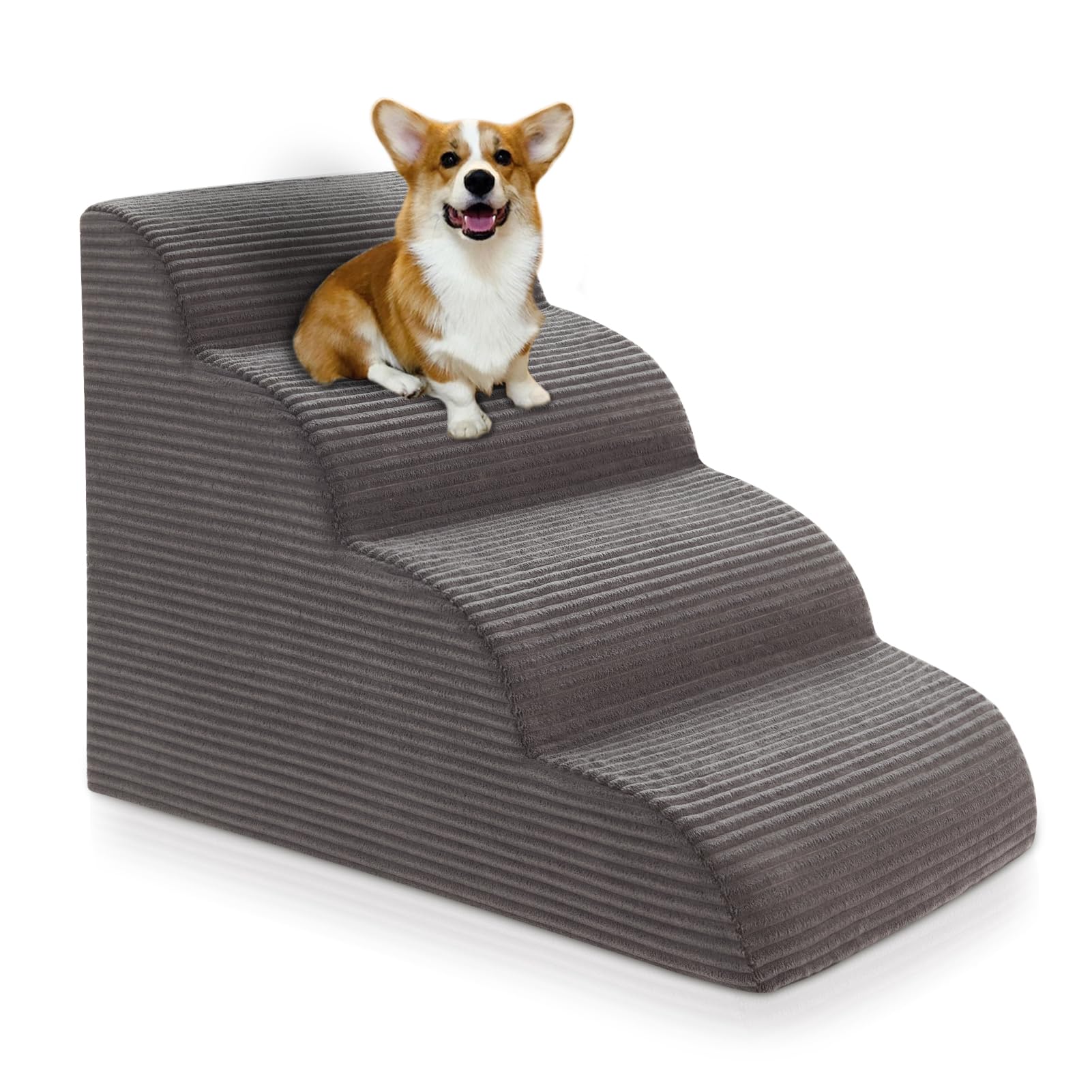 Curved Dog Stairs Ramp for High Beds 19.7" H, 4-Step Dog Steps for Small Dogs and Cats, Removable and Washable Pet Stairs for High Bed Climbing, Non-Slip Balanced Pet Step Indoor, Deep Grey