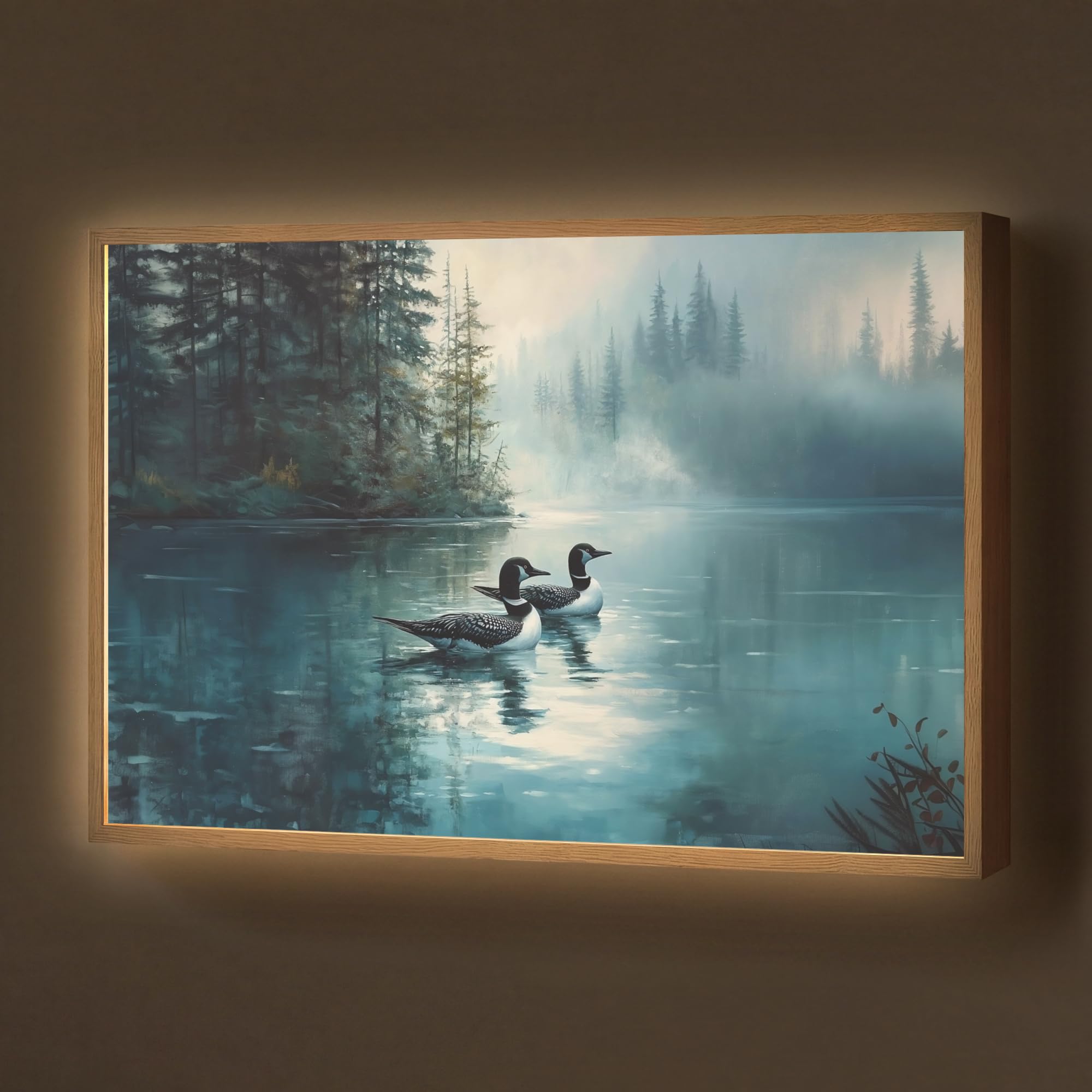 Moderne LED Wandleuchte Innen 90x60 cm Aufladbar Wandbeleuchtung Schlafzimmer Nachtlampe Flach Fernbedienung Warmes Still Licht Dimmbare Lampe Wald - Wasser - Enten - Neblig