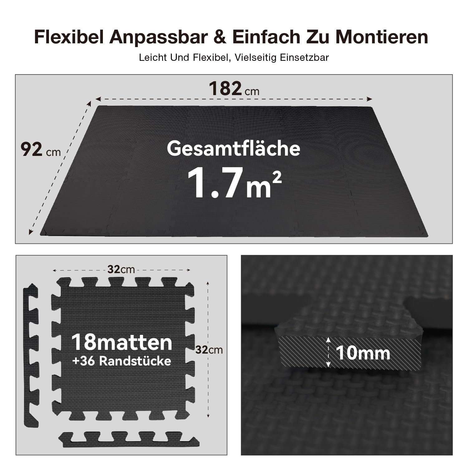 AIRHOP Bodenschutzmatte Fitness Matte Extra Dicke Bodenmatten, rutschfeste Schutzmatten Fitnessraum, Fitness Boden, Sportboden, Poolunterlage, [31x31cm] - 18 Fallschutzmatten