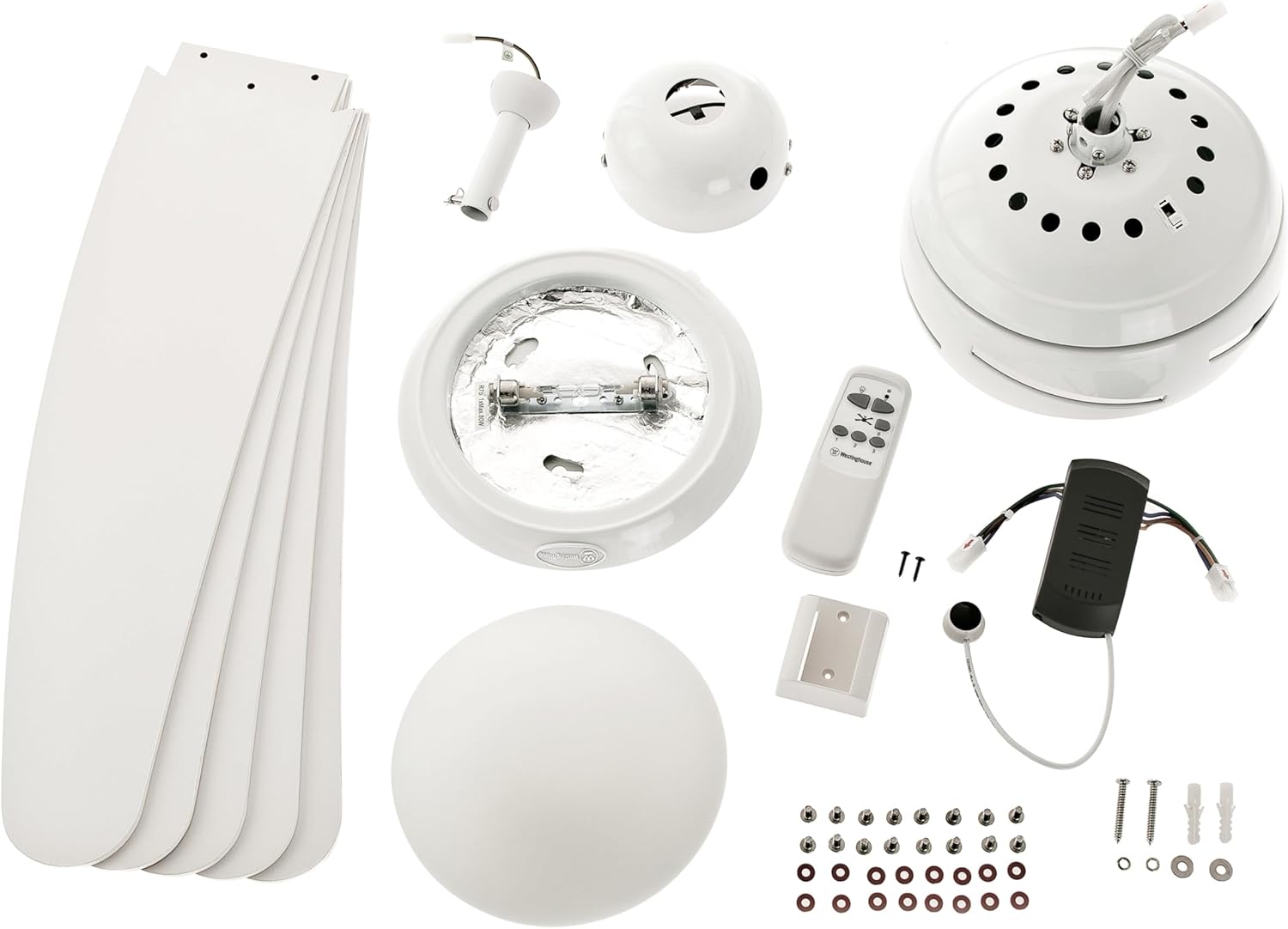 All components of the Westinghouse Bendan Ceiling Fan laid out
