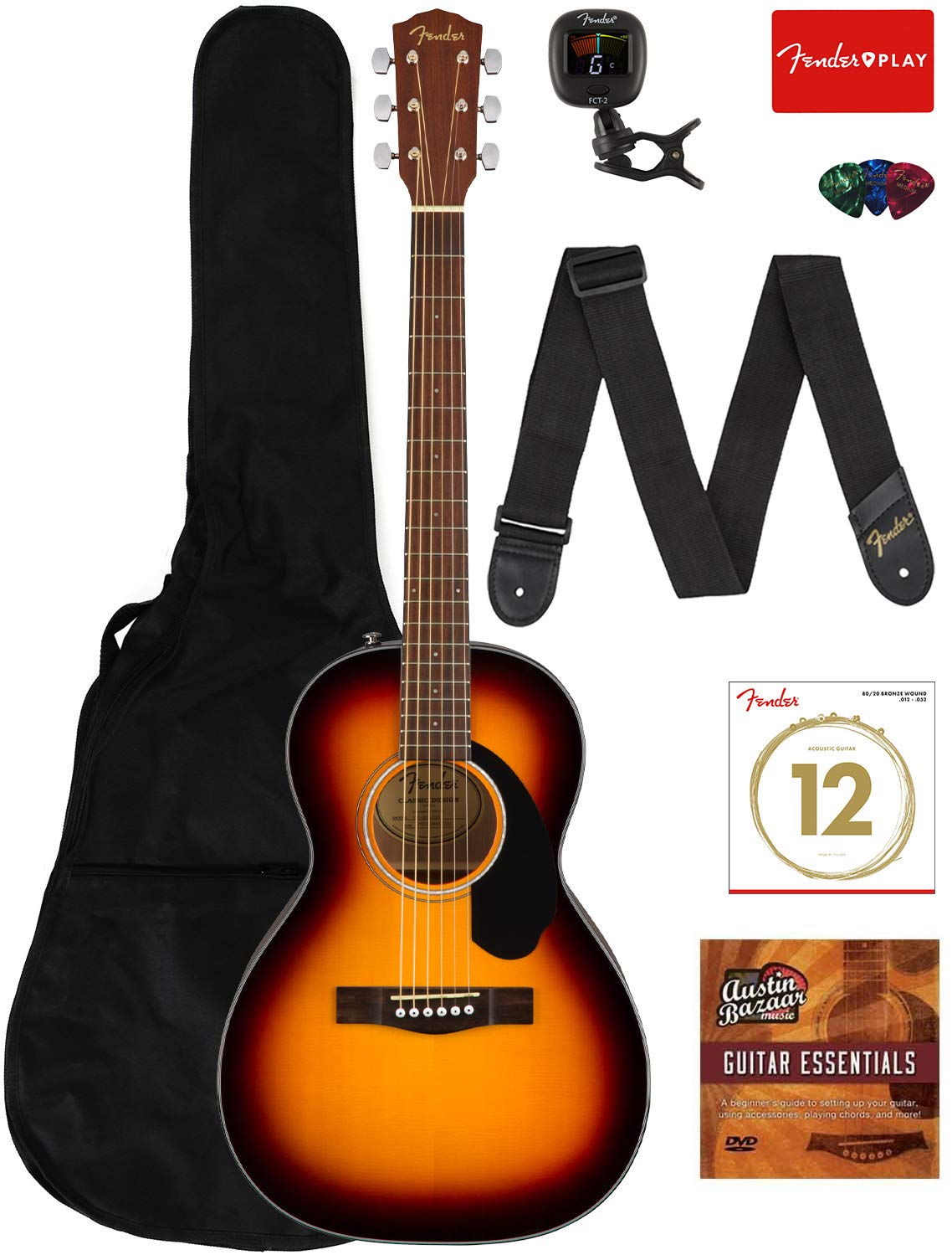 Fender CP-60S Solid Top Parlor Size Acoustic Guitar Bundle with Gig Bag, Tuner, Strap, Strings, Picks, Fender Play Online Lessons, and Austin Bazaar Instructional DVD - Sunburst