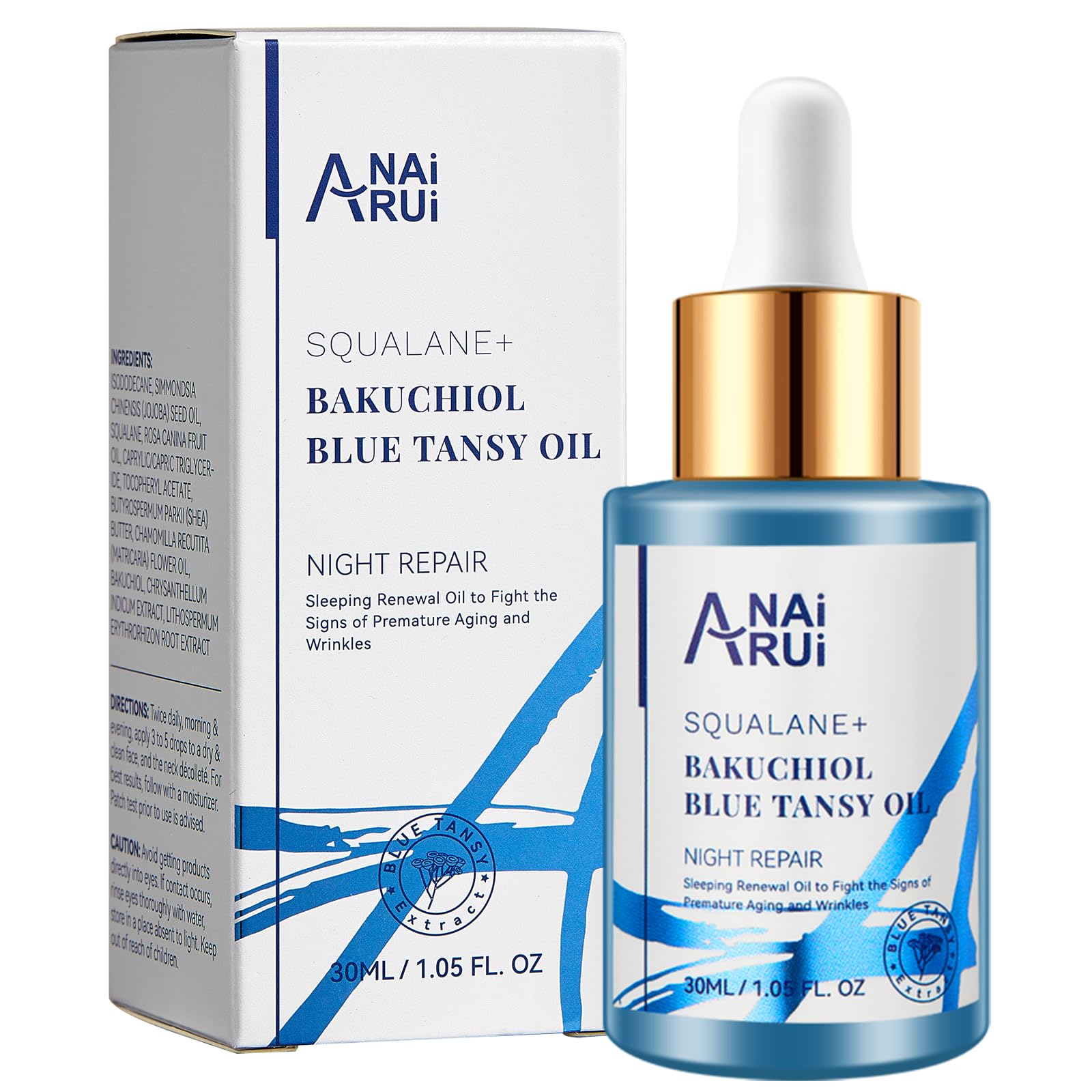 ANAiRUi Bakuchiol Oil, olej roślinny, naturalna alternatywa retinolu, z niebieskim tansy, skwalanem, jojobą, redukuje wygląd drobnych linii, zmarszczki, kojący, 30 ml