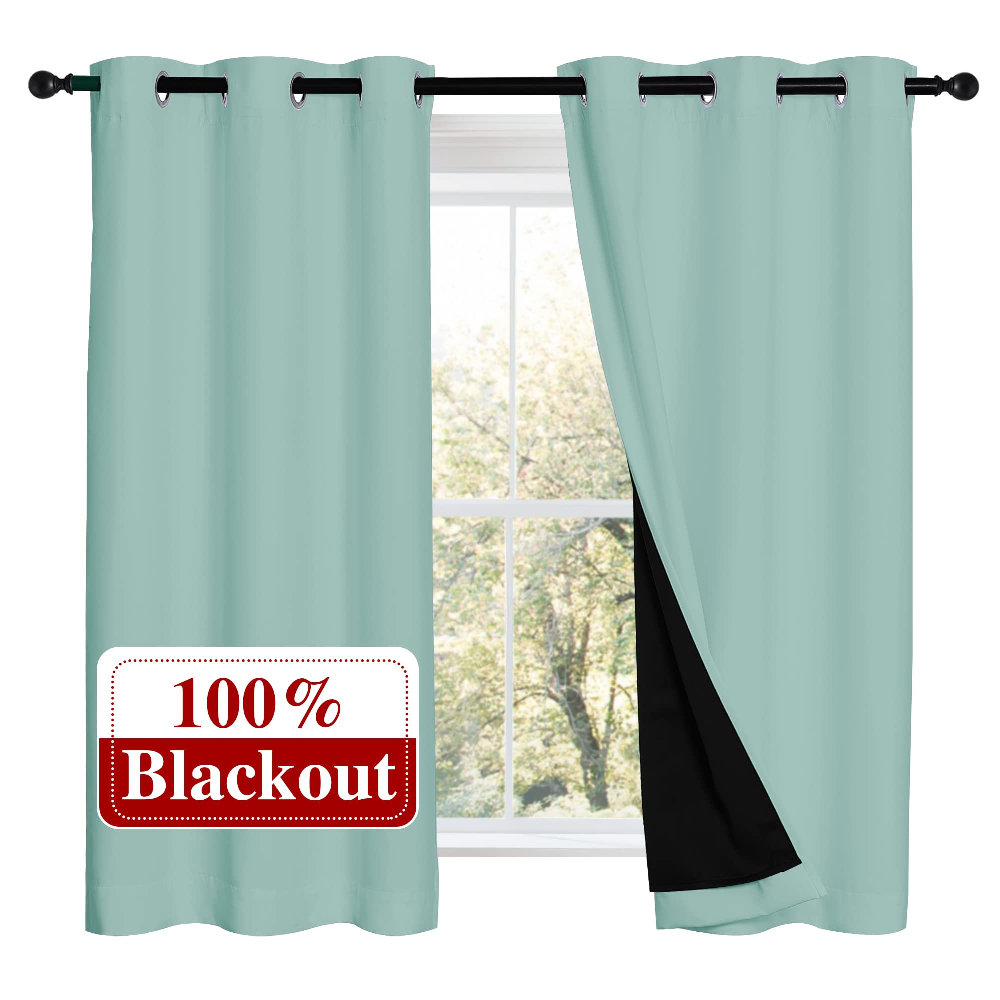 NICETOWN 100% Blackout Curtains 54 inches Long, Double-Deck Completely Blackout Window Treatment Thermal Insulated Lined Drapes for Small Window (Aqua Blue, 1 Pair, 42 inches Width Each Panel)