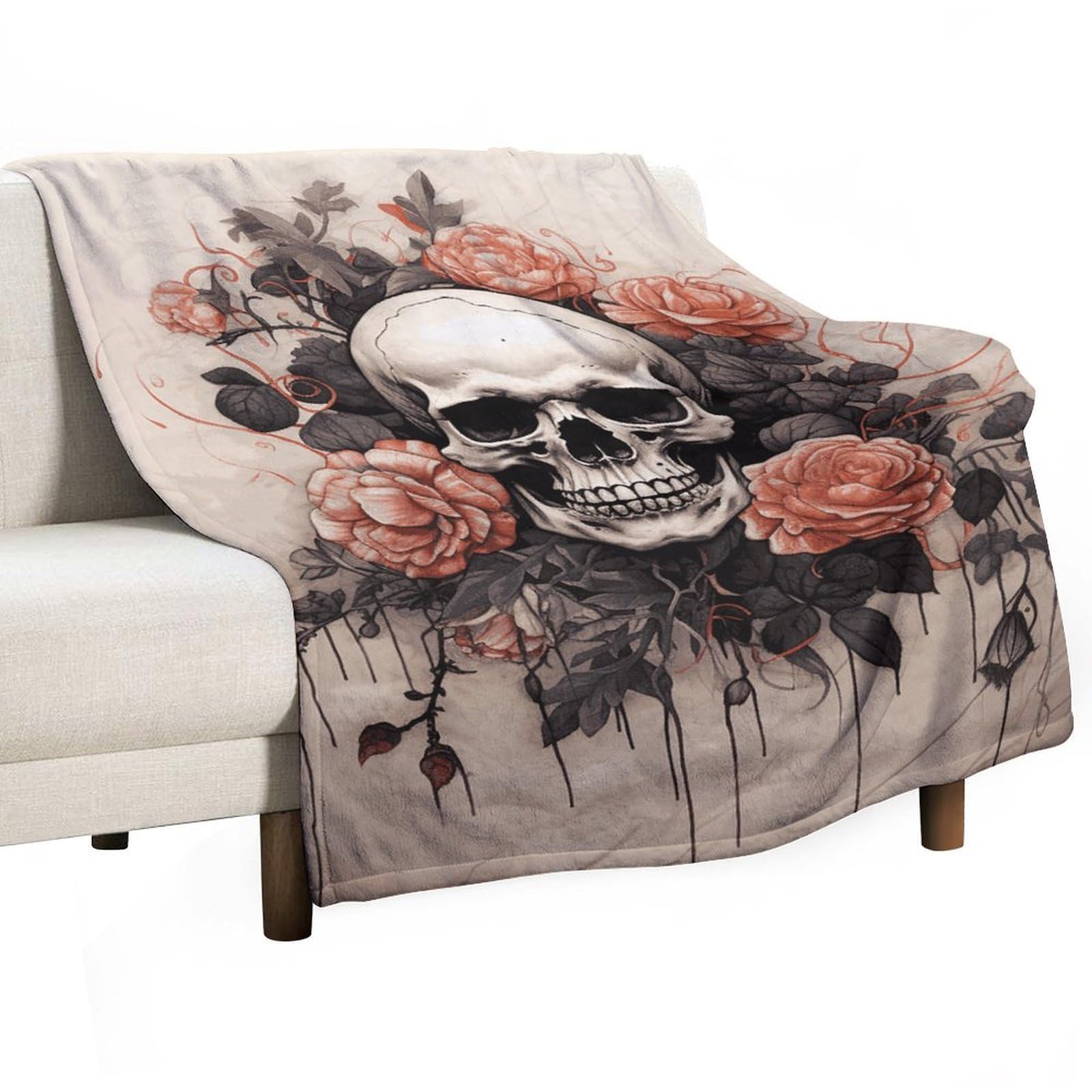 Plaid lit et canapé en flanelle douce motif tête de mort et fleurs
