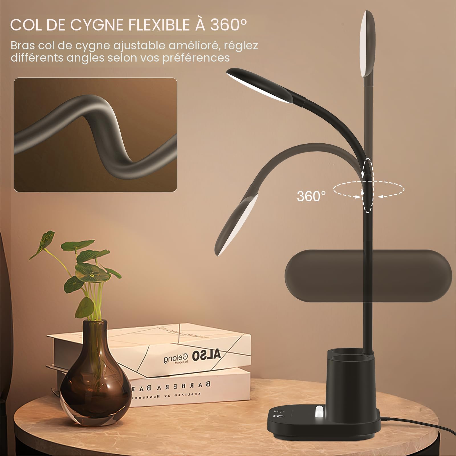 Lampe De Bureau LED à Intensité Variable, Lampe De Table USB Avec Chargeur Sans Fil QI