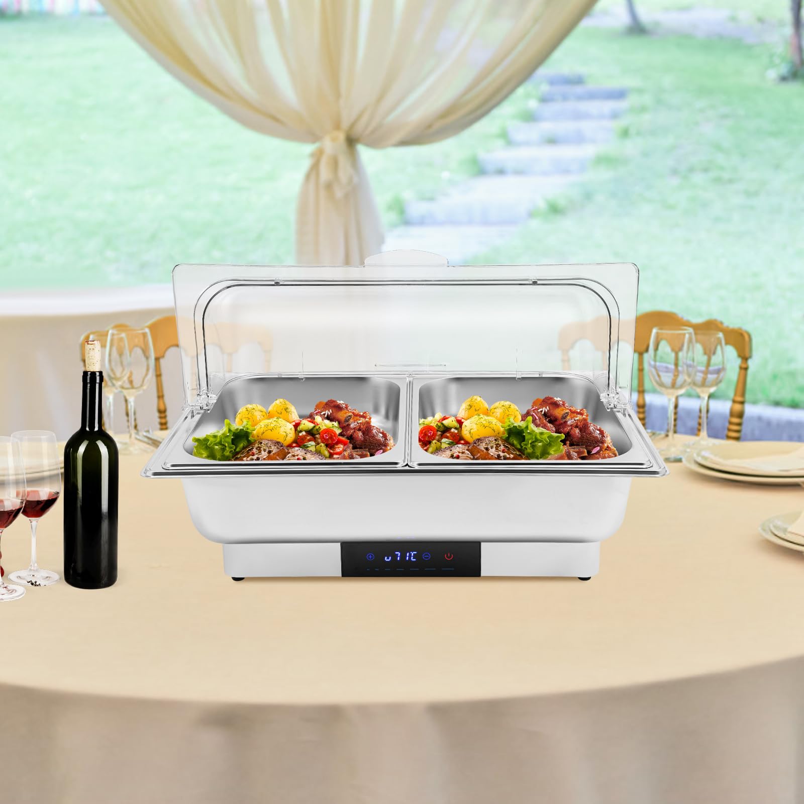 Scaldavivande elettrico da buffet, 600 W, display LED, 2 contenitori per alimenti, controllo digitale della temperatura con controllo touch, capacità totale 9 l, coperchio incluso, adatto per buffet