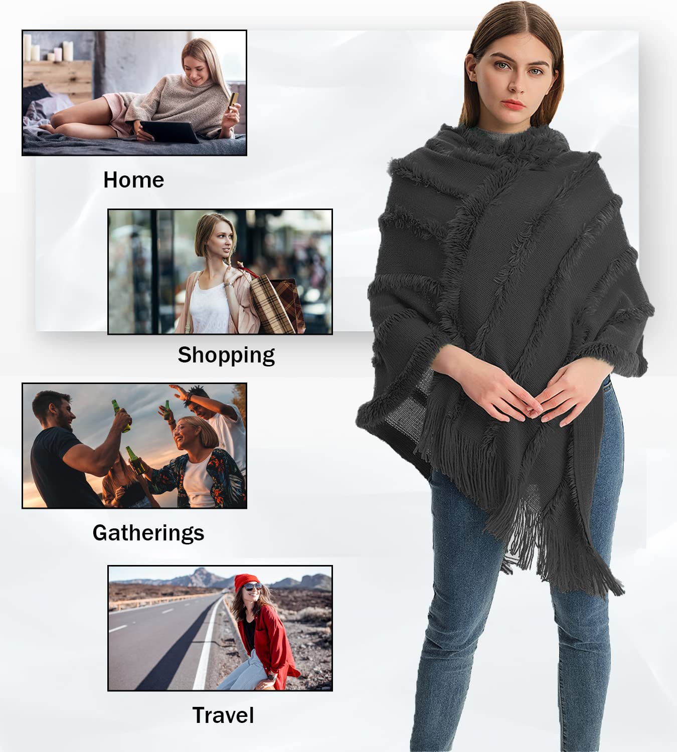 Elegante Maglione Poncho Donna Invernale Poncho con Cappuccio Mantella Scialle Uncinetto con Strisce di Peluche e Franges Scialle della Moda Monocromo Irregular Moda Giovane Top