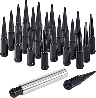 24pcs M14x1.5 Spike Wheel Lug Nuts, Closed End Spike Lug Nuts with 1 Socket Key, Conical Bulge Seat, Compatible with Chevy Silverado GMC Sierra Ram 2500 3500 F250 F350, Black