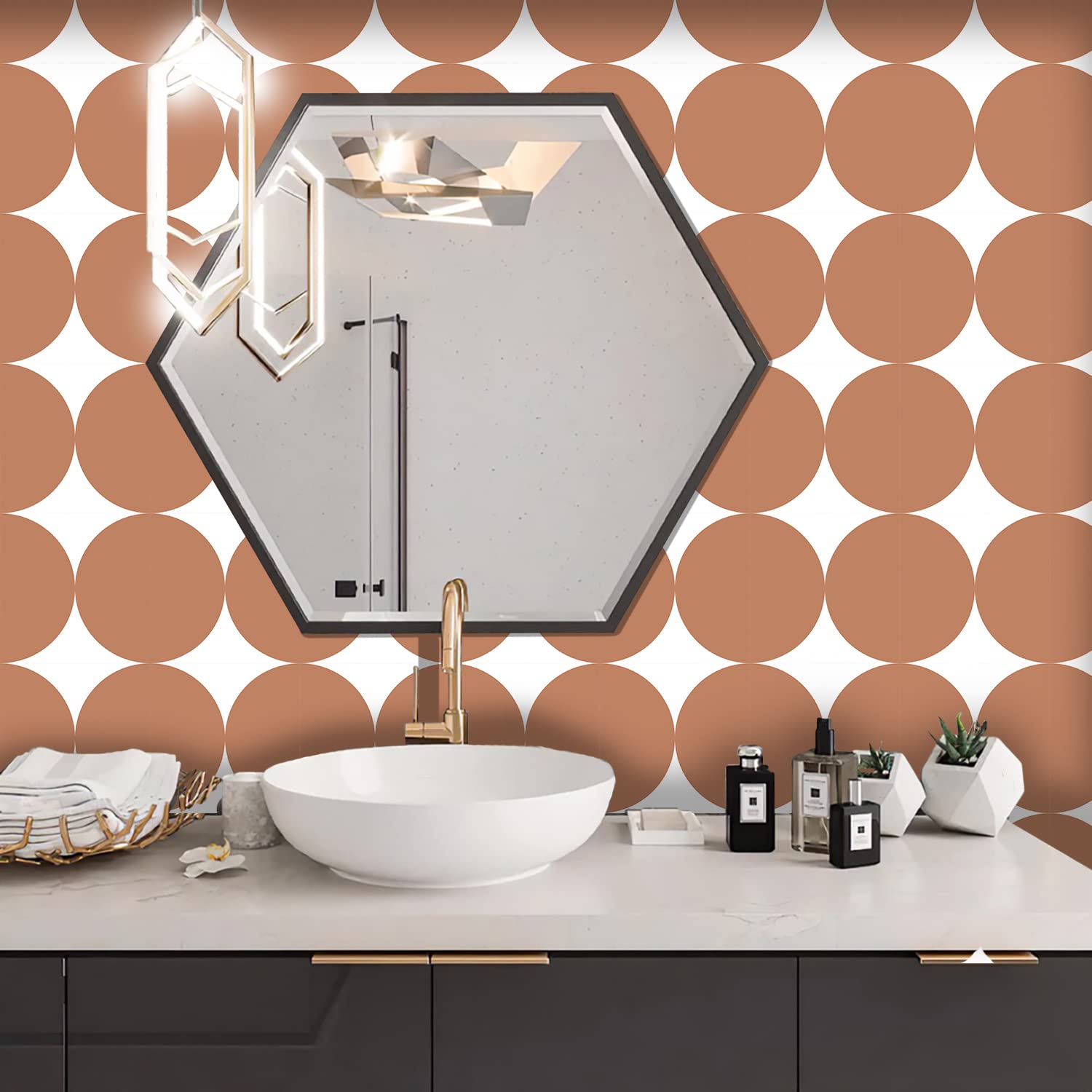 Alwayspon 12PcsX20cm/8inch Vinyl Wall Tile Sticker Transfer, Waterproof Sticky Back Tile Sticker for Kitchen Bathroom Self-adhesive Peel and Stick PVC Stick on Tile, Brick Red and White Boho