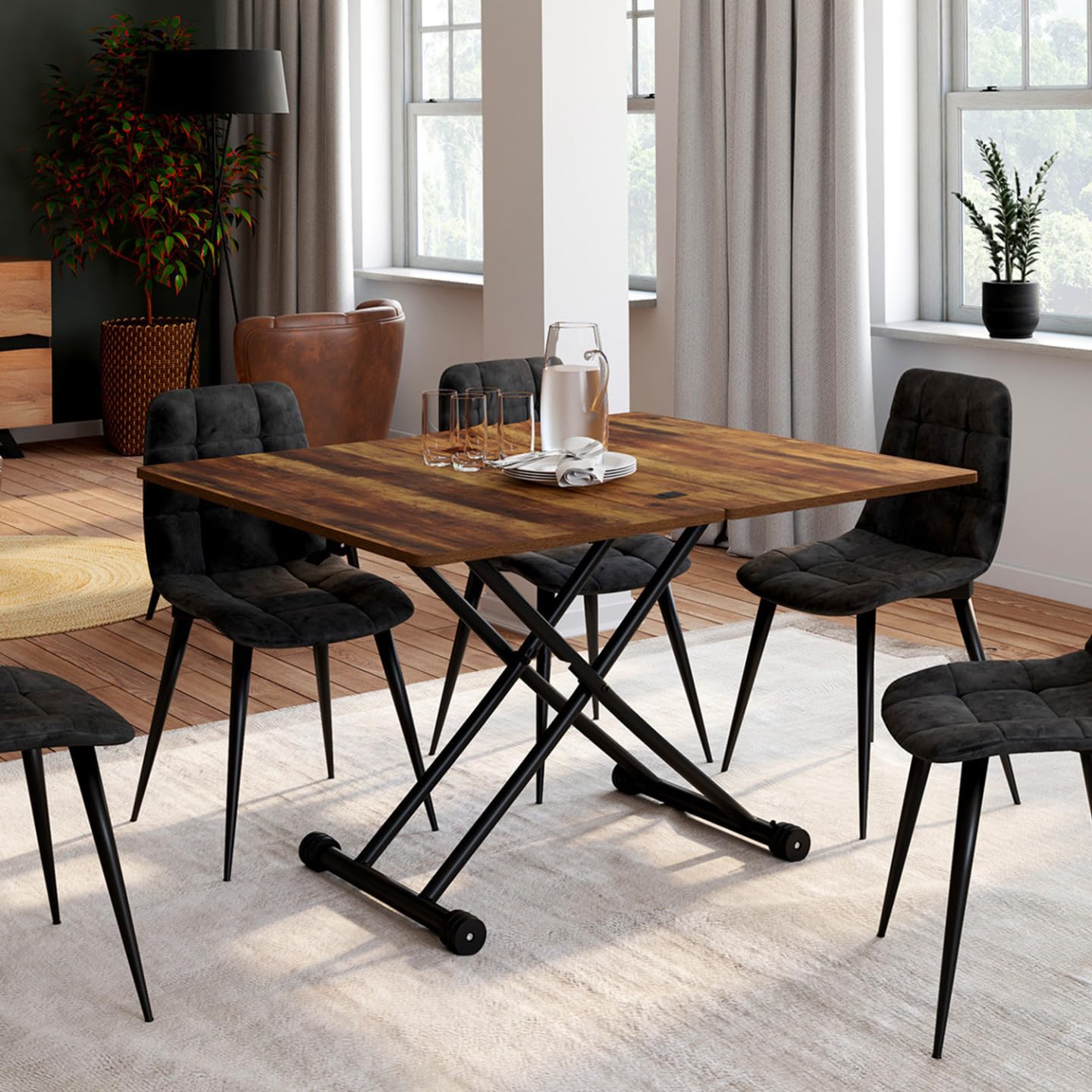 IDMarket - Couchtisch 2 in 1 aufklappbar zu einem rechteckigen Esstisch Urbana 100 cm Dunkles Holz und schwarzes Industriedesign