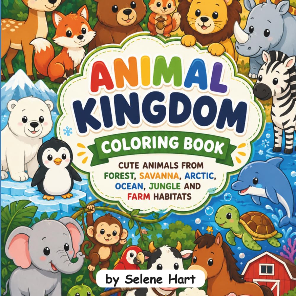 Animal Kingdom Coloring Book: 30 Fun Animals from Farm, Jungle, Ocean, Arctic, Savanna, and Forest for Kids Ages 4–8