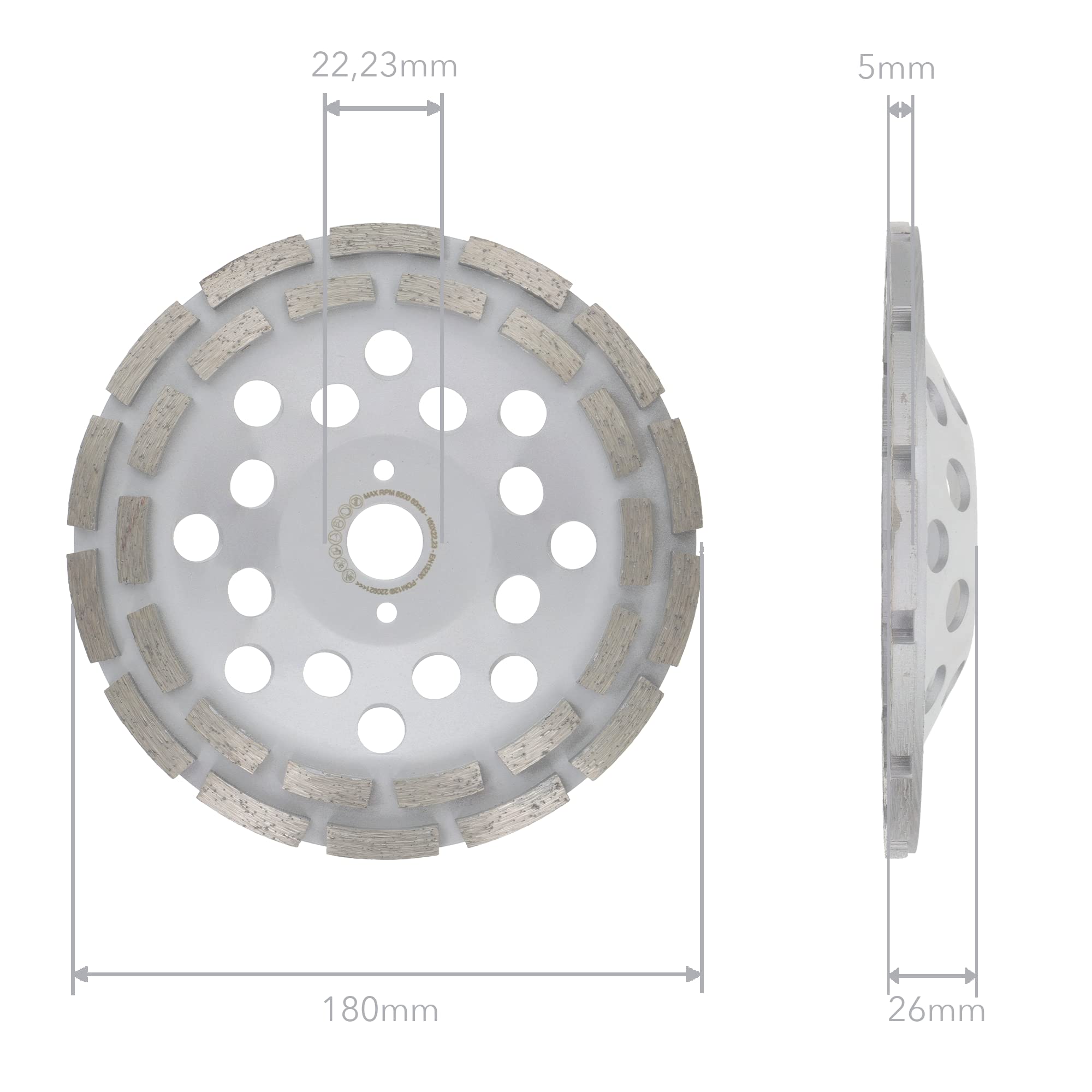 PRODIAMANT Meule Assiette Diamantée 180 mm Béton Universel Double Rangée 22,2 mm