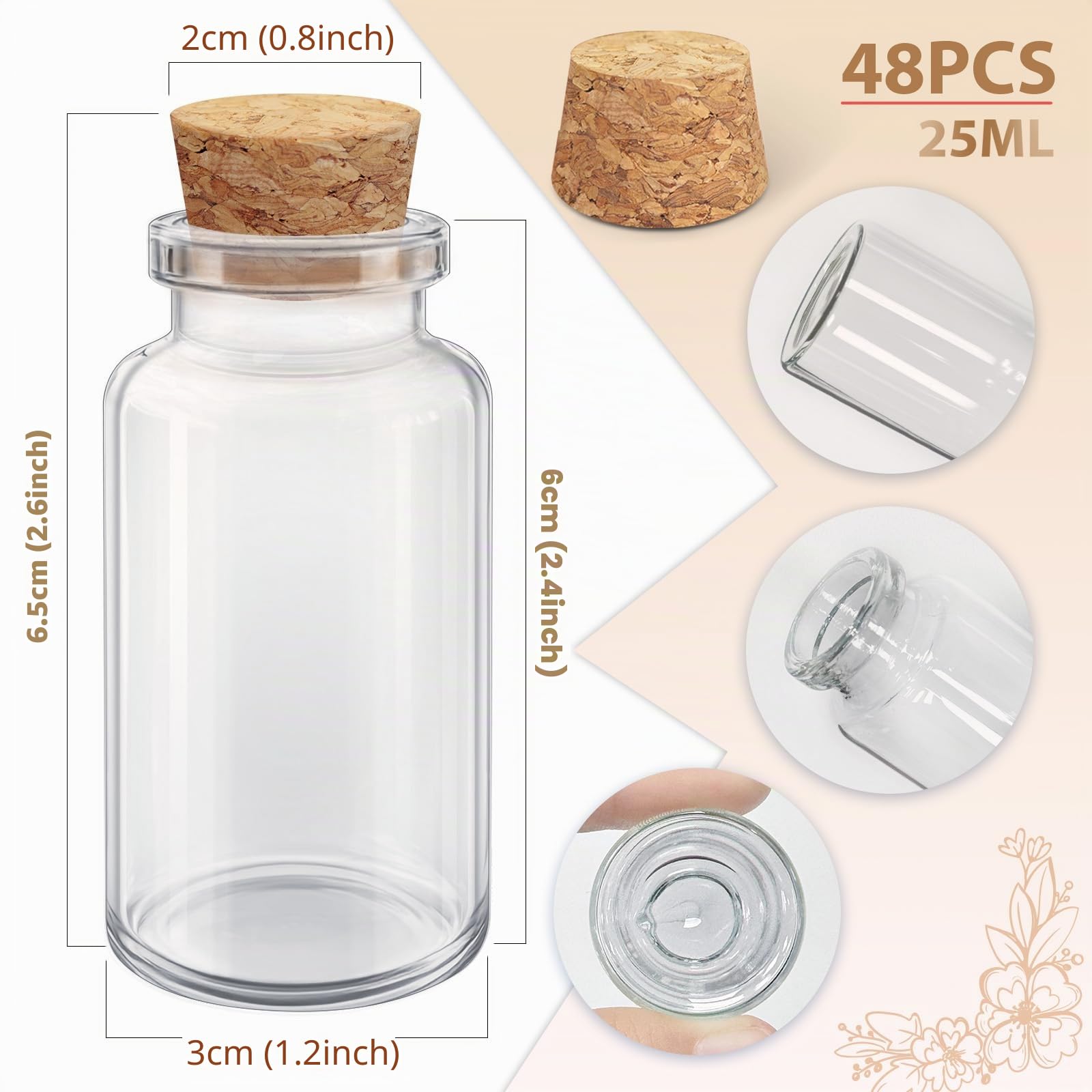 48 Bottiglie di Vetro da 25 ml Con Sughero, Mini Fiale per Bomboniere, Etichette Fai da Te e Cordoncino - Regali per Nozze, Baby Shower