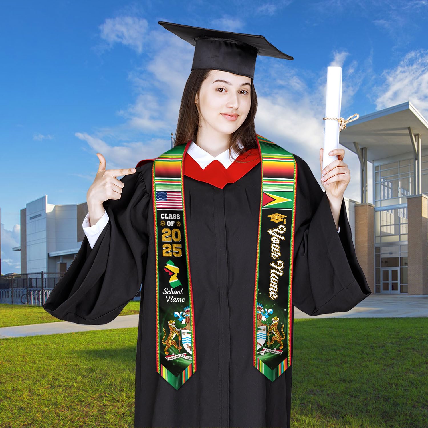 MAPrints Custom Guyana Graduation Stole 2025, Guyana Graduation Sash, Guyanese Graduation Sash, Guyana Flag Graduation Stole (GAN 1)