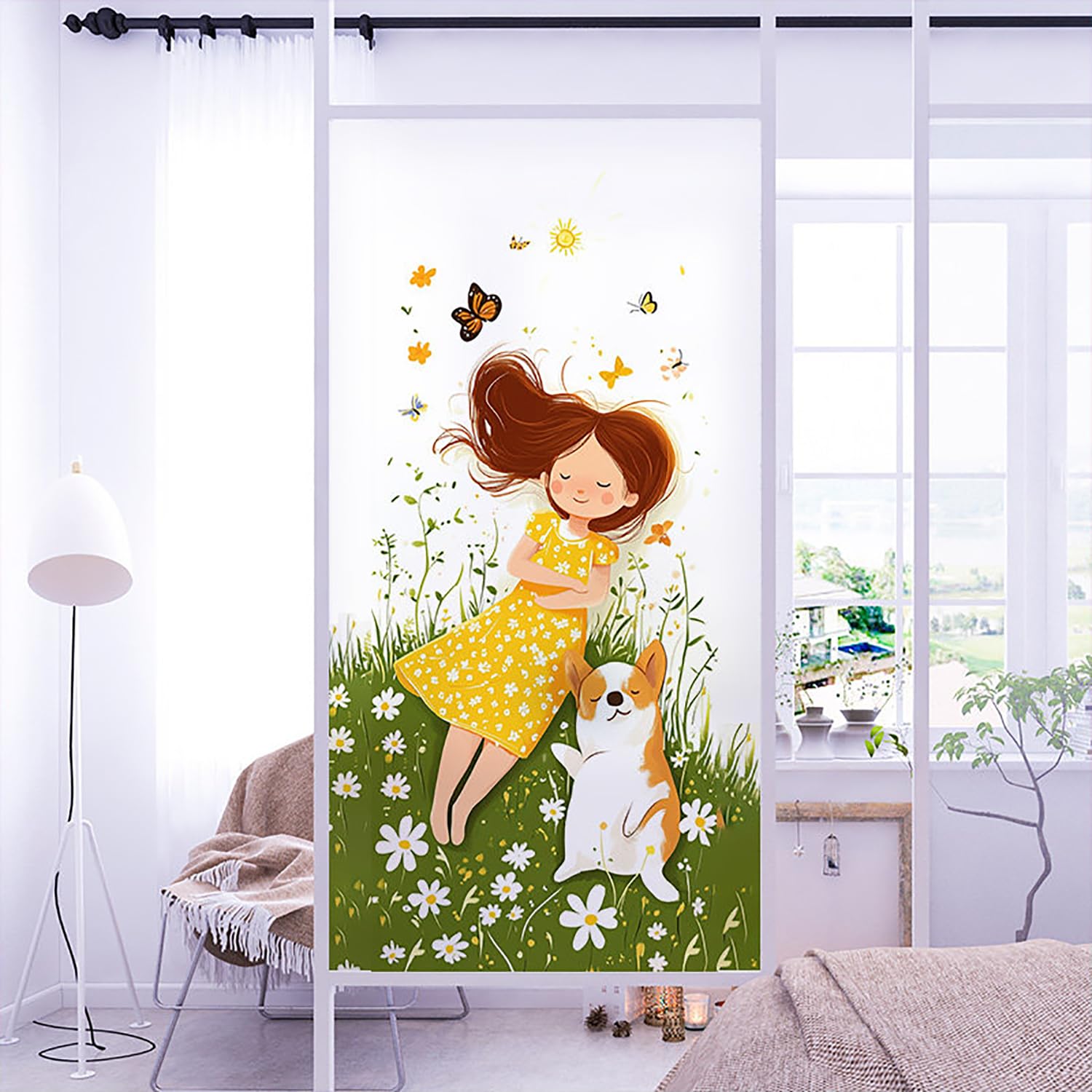 XQKXHZ Static Cling Window UV Protection Film,Anti Glare Window Cling Privacy Film,Non-Adhesive Reusable Decorative Glass Film for Home,Bedroom,Bathroom (Floral & Plants & Girl Pattern),A,90x200cm