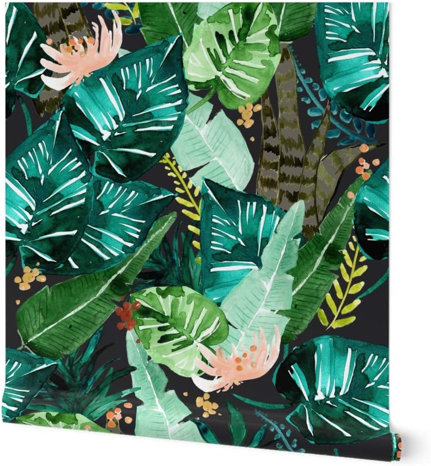 Removable Wallpaper 12ft x 2ft - Tropical Dark Leaves Banana Leaf Jungle Palm Green Custom Pre-Pasted Wallpaper by Spoonflower