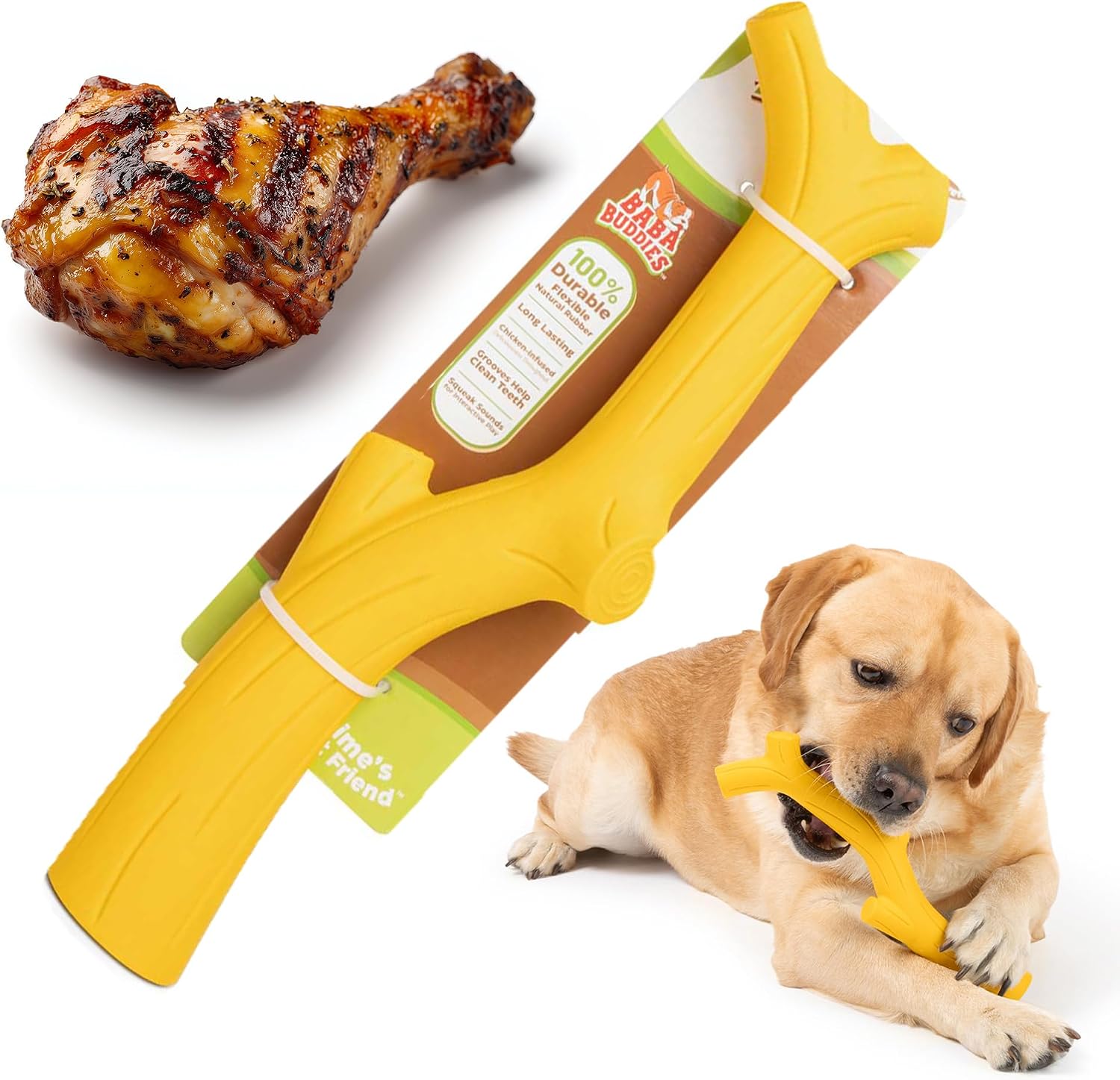Baba Buddies Twiggy Dog Chew Toys for Aggressive Chewers, Natural Rubber Durable Squeaky Toy for Large & Medium Dogs, Chicken Flavored Branch Shape, Non-Toxic Fetch & Tug Toy