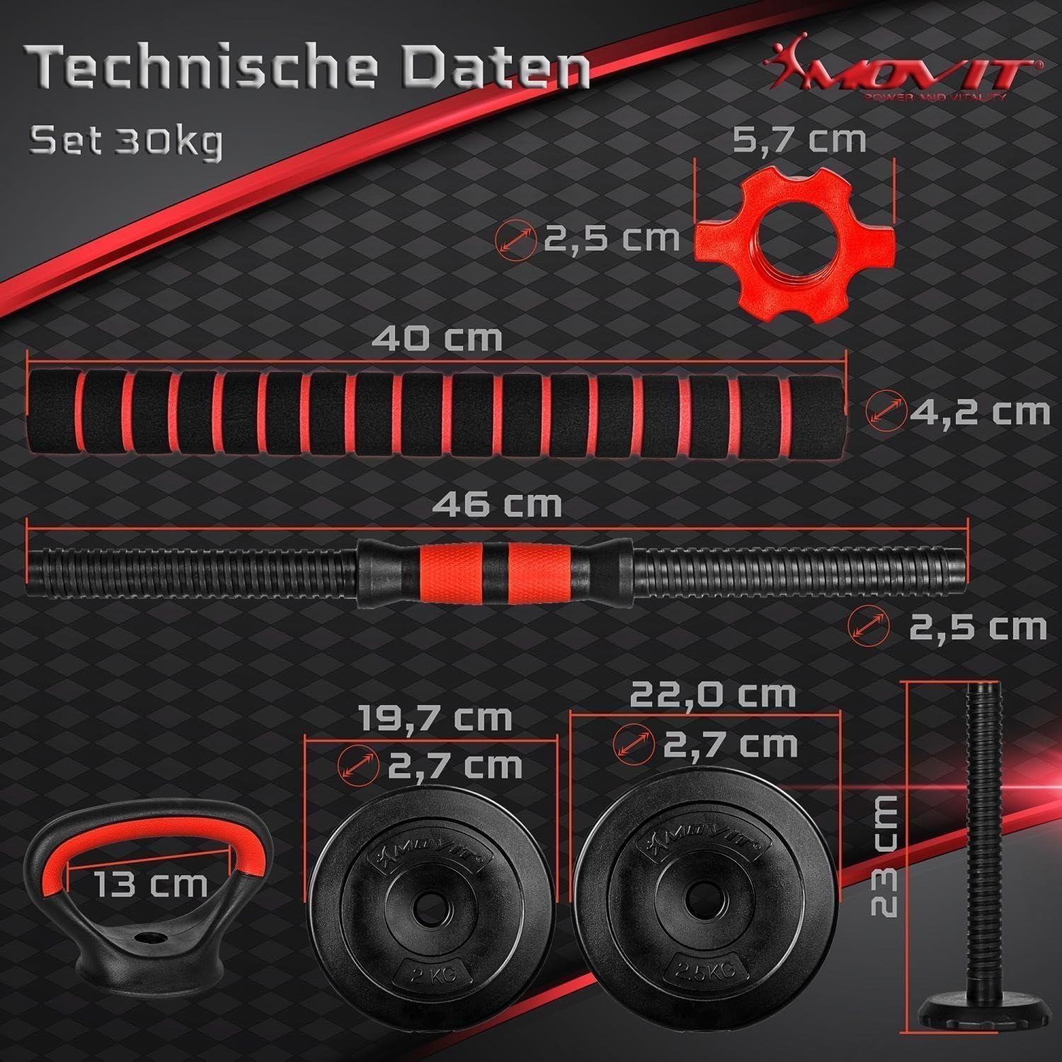 MOVIT Hanteln Set - 6in1, 20/30kg, XXL, Verstellbar, Kunststoff, Push Up Griffe, Schwarz und Rot/Orange - Dumbbell Set, Hantel Gewichte, Verstellbare Kurzhanteln, Kettlebell, Hantelset für Zuhause