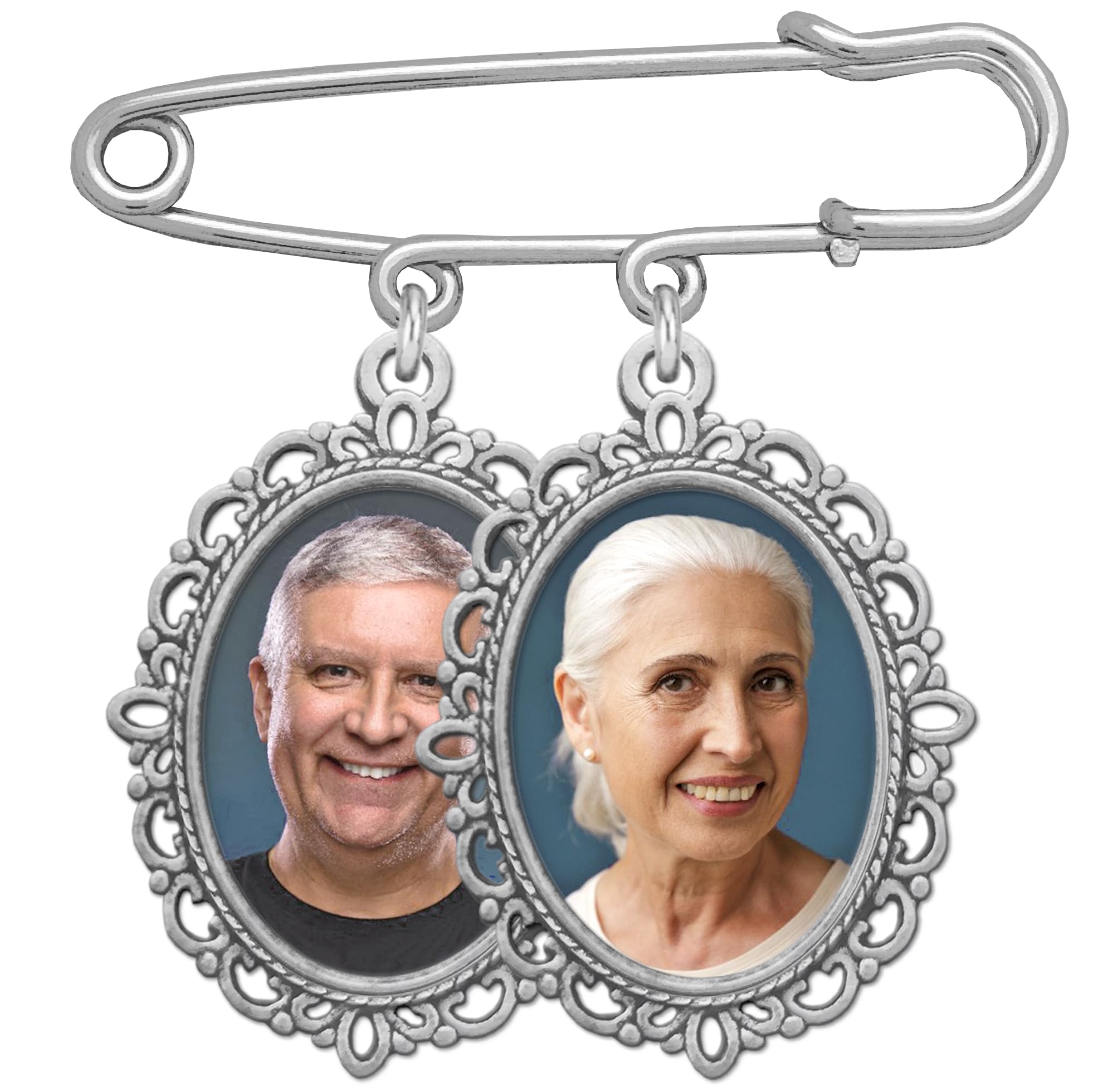Double Photo Wedding Bouquet Photo Charm for Bride's Flowers or Boutonniere Pin with Resizer
