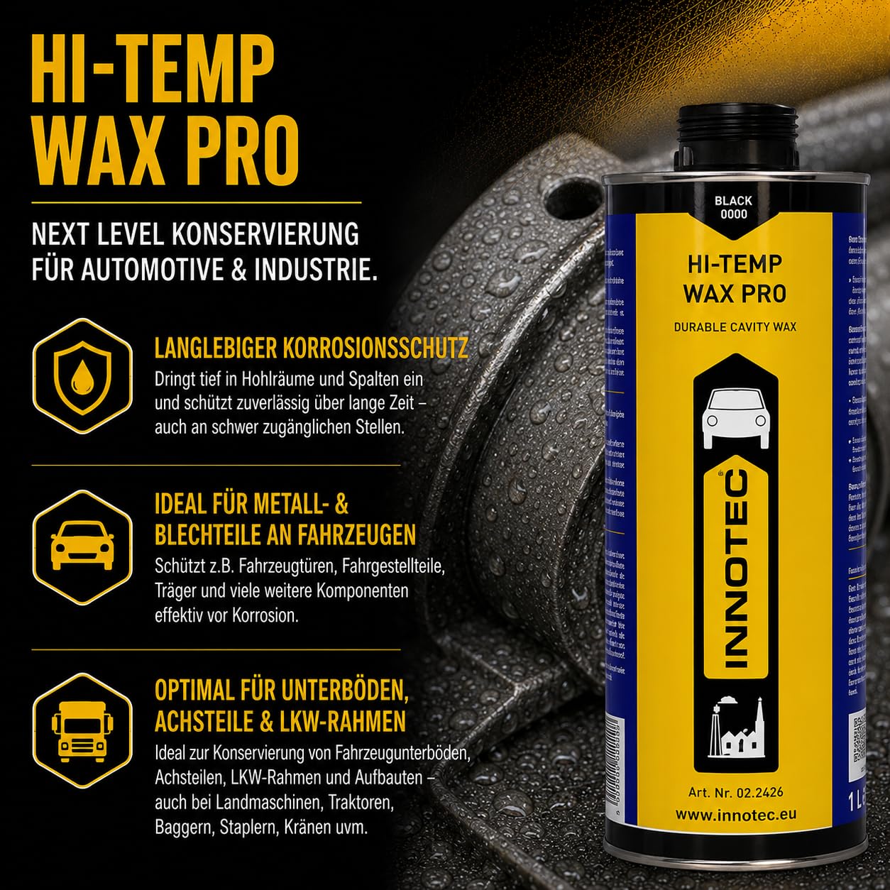4 Stück Innotec Hi-Temp Wax Dry Schwarz - Next Level Konservierung für Automotive & Industrie - Idealer Unterbodenschutz und Hohlraumkonservierung - Rostschutzmittel für Fahrzeuge - 1 Liter Dose