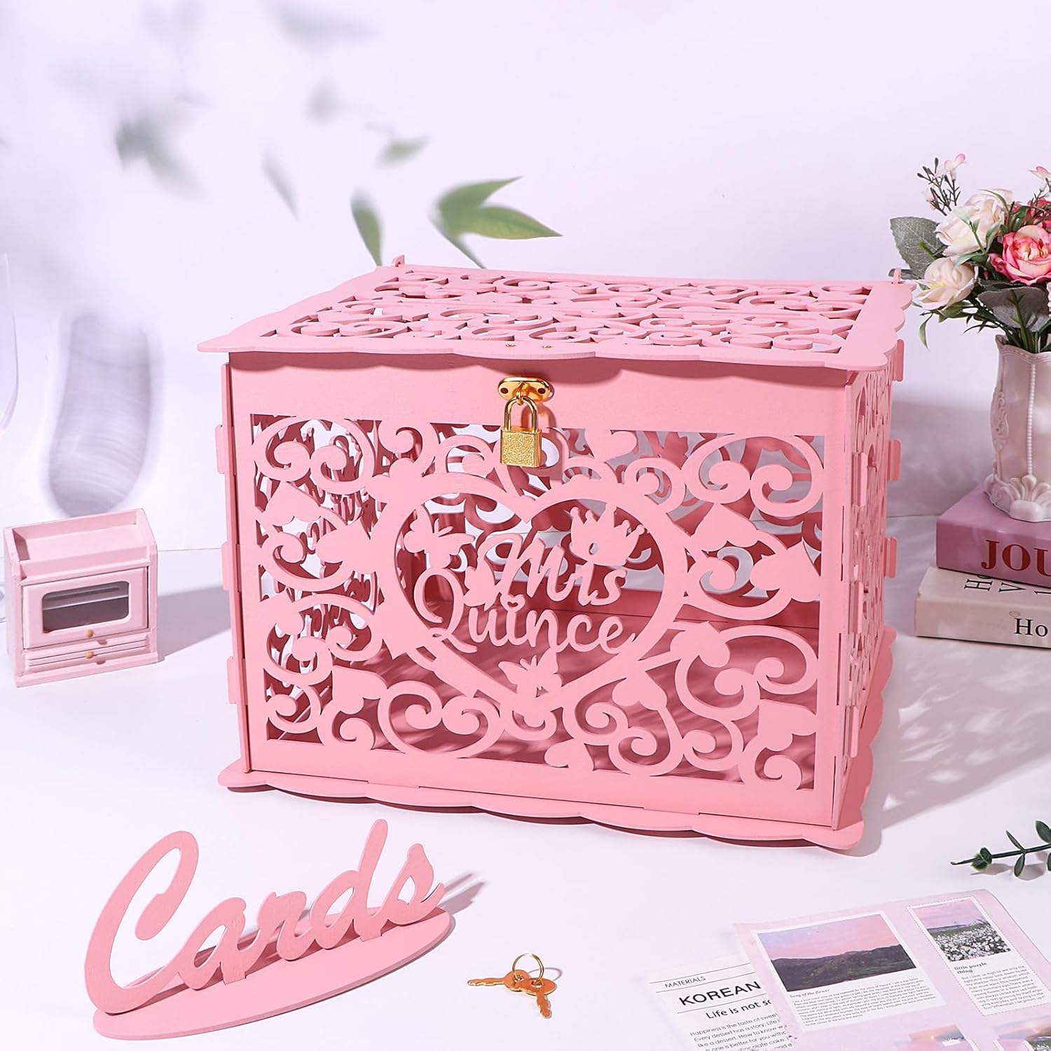 Quinceañera Card Box with Lock Wooden Mis Quince Reception Pink Envelope Hollow Card Box for Party Favors