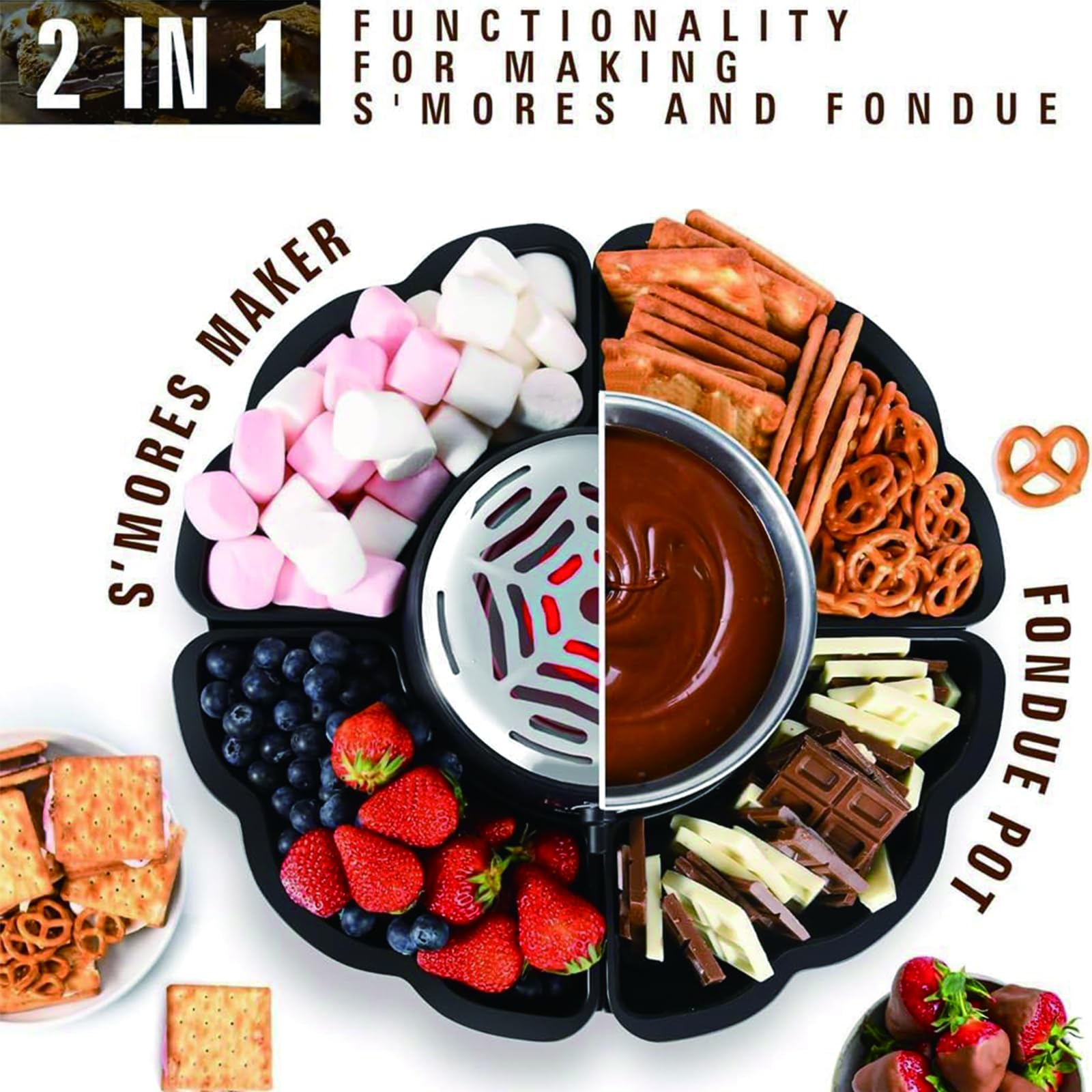 Set 2-en-1 S'Mores & Fondue de Chocolate – Tostador Eléctrico de Malvaviscos de 280W con Control de Temperatura & 14 Accesorios, Kit Indoor para S'Mores para Fiestas, Noches de Cine & Regalos