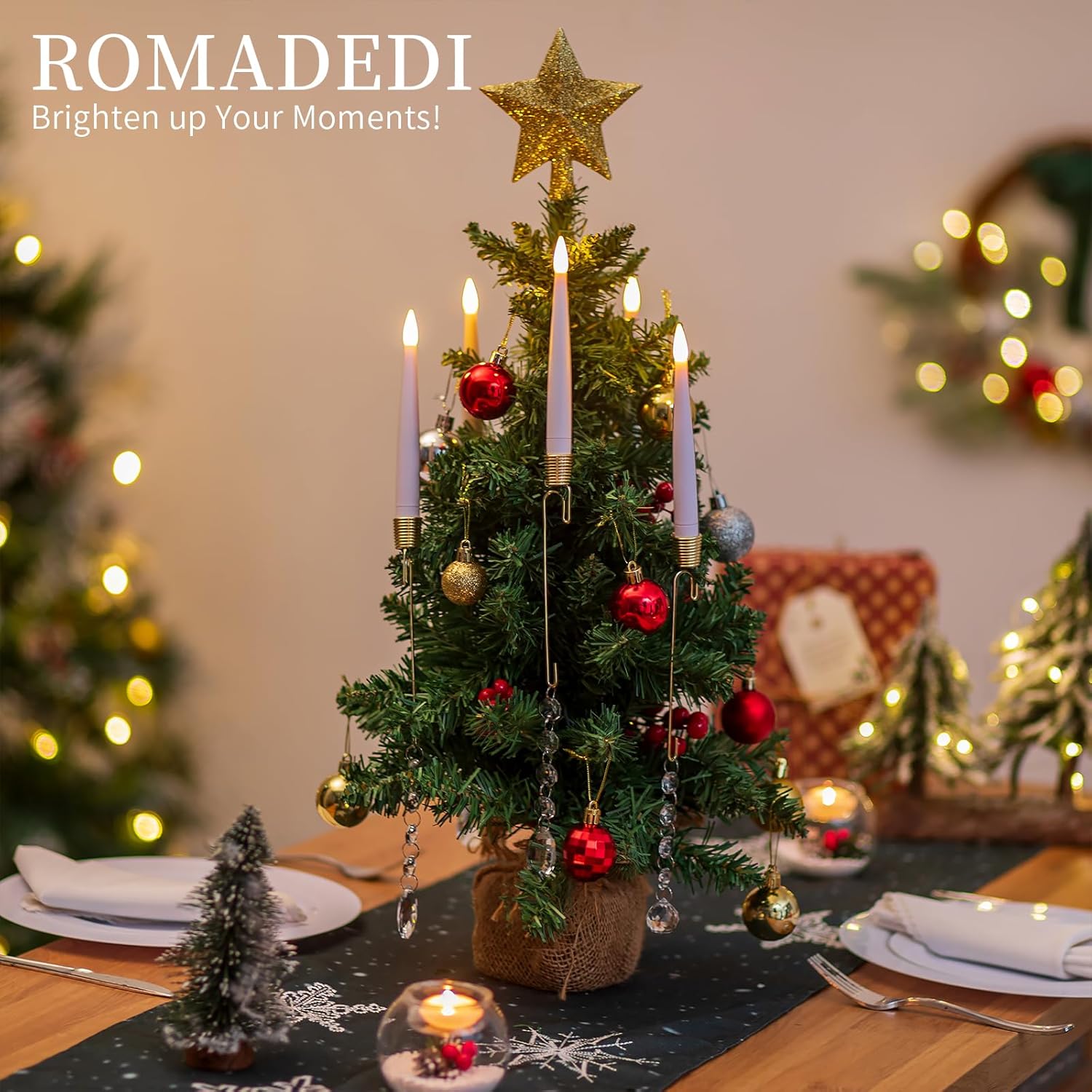 Romadedi Christmas Tree Candles with Remote - 10 Pack Battery Operated Christmas Flameless Candlesticks LED Xmas Tree Decoration Flickering for Home Decor with Crystal Ball Hooks