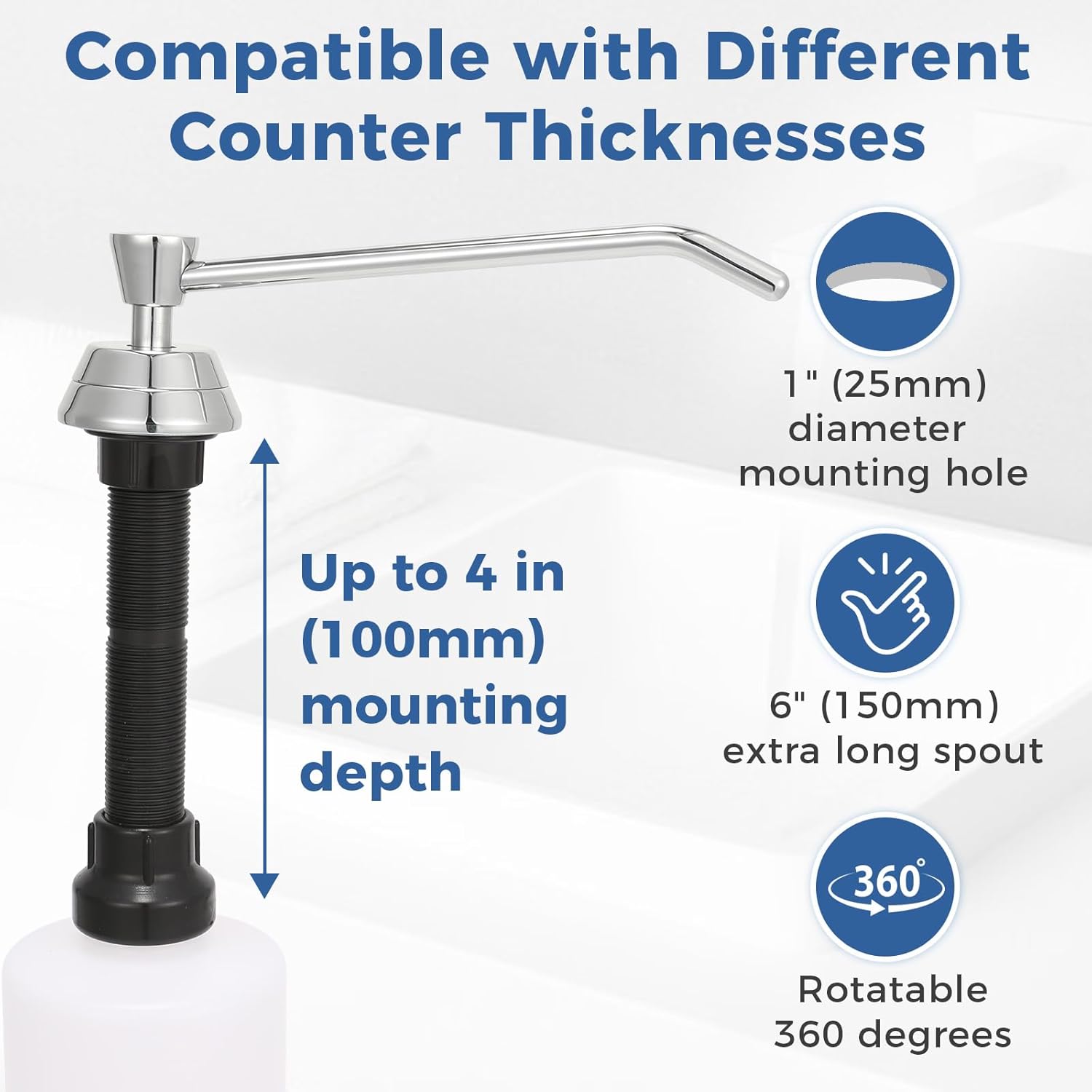 Heavy Duty Brass Countertop Liquid Soap Dispenser, Commercial Grade Top Fill Built-in Soap Dispenser with 34 oz/ 1L Bottle for Bathroom, Kitchen, Public Restroom, Chrome Finish, 6” Spout - Image 3