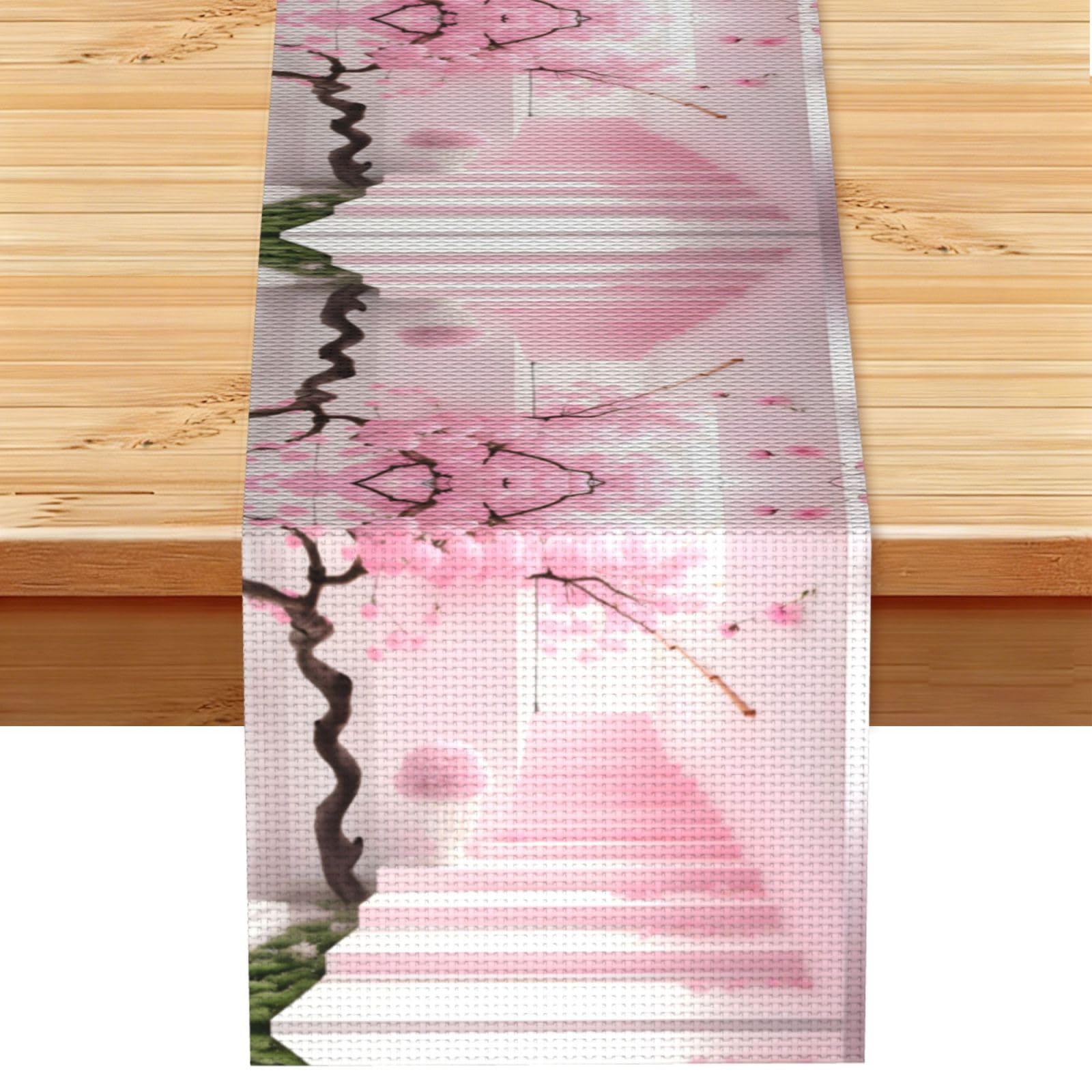 Pink cherry blossom staircase Linen Look Table Runner 13x72-Wrinkle Resistant Farmhouse Style for Dining Table Decor