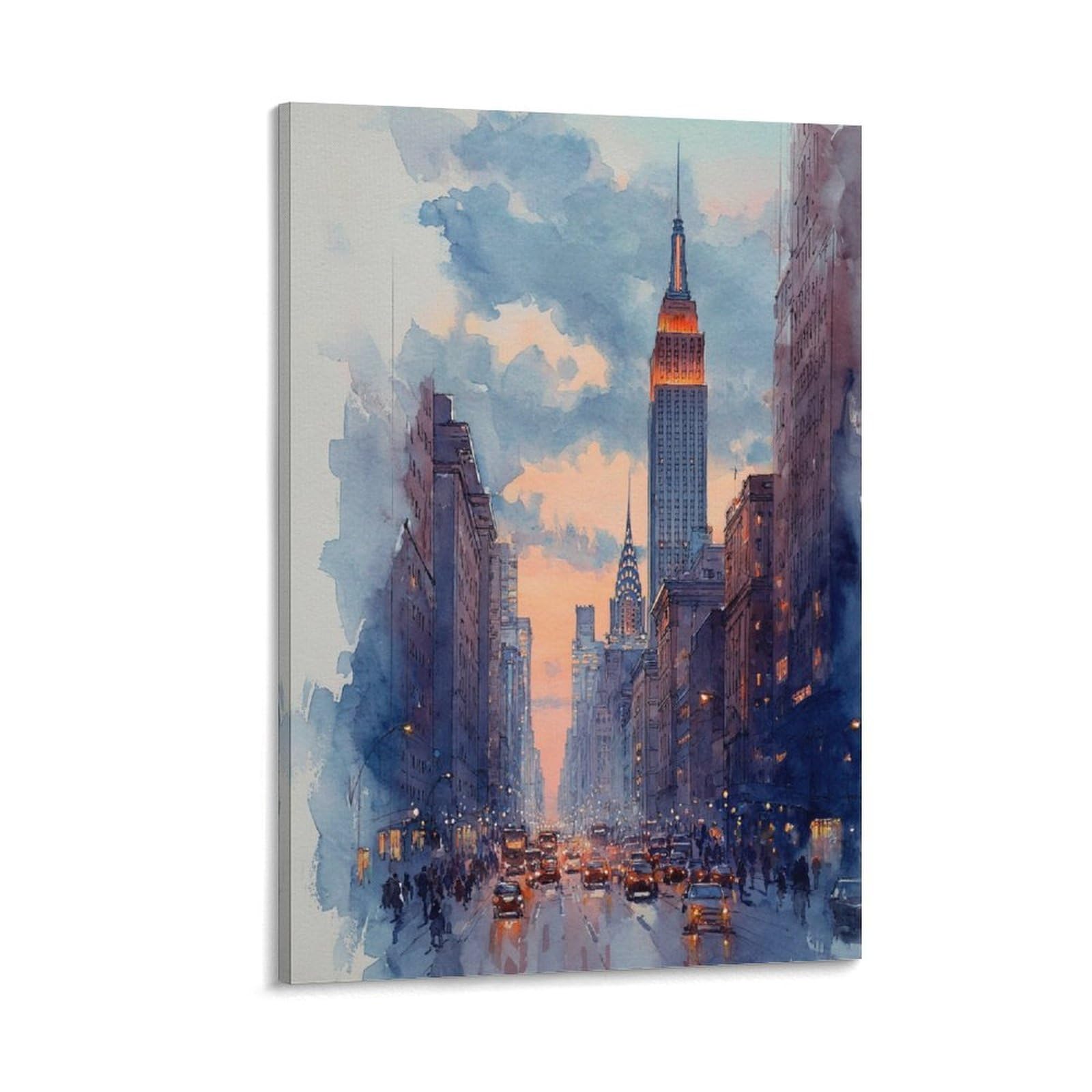 XWYMXZ New York Watercolor Cityscape 20x30inch(50x75cm) Vintage Travel Poster Watercolor Canvas Art