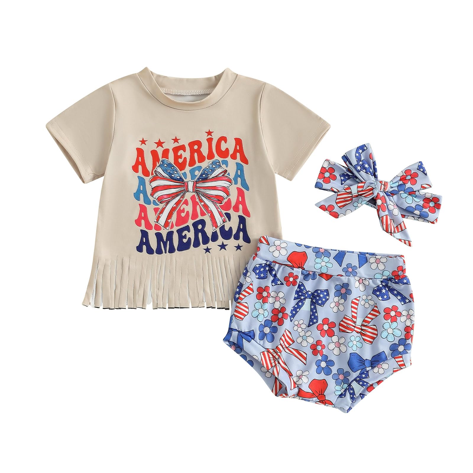 Youweixiong Infant Baby Girl 4th Of July Outfit Short Sleeve America Tassels Tshirt Tops Bow&Floral Print Shorts Headband Summer Clothes (Khaki, 18-24 Months)