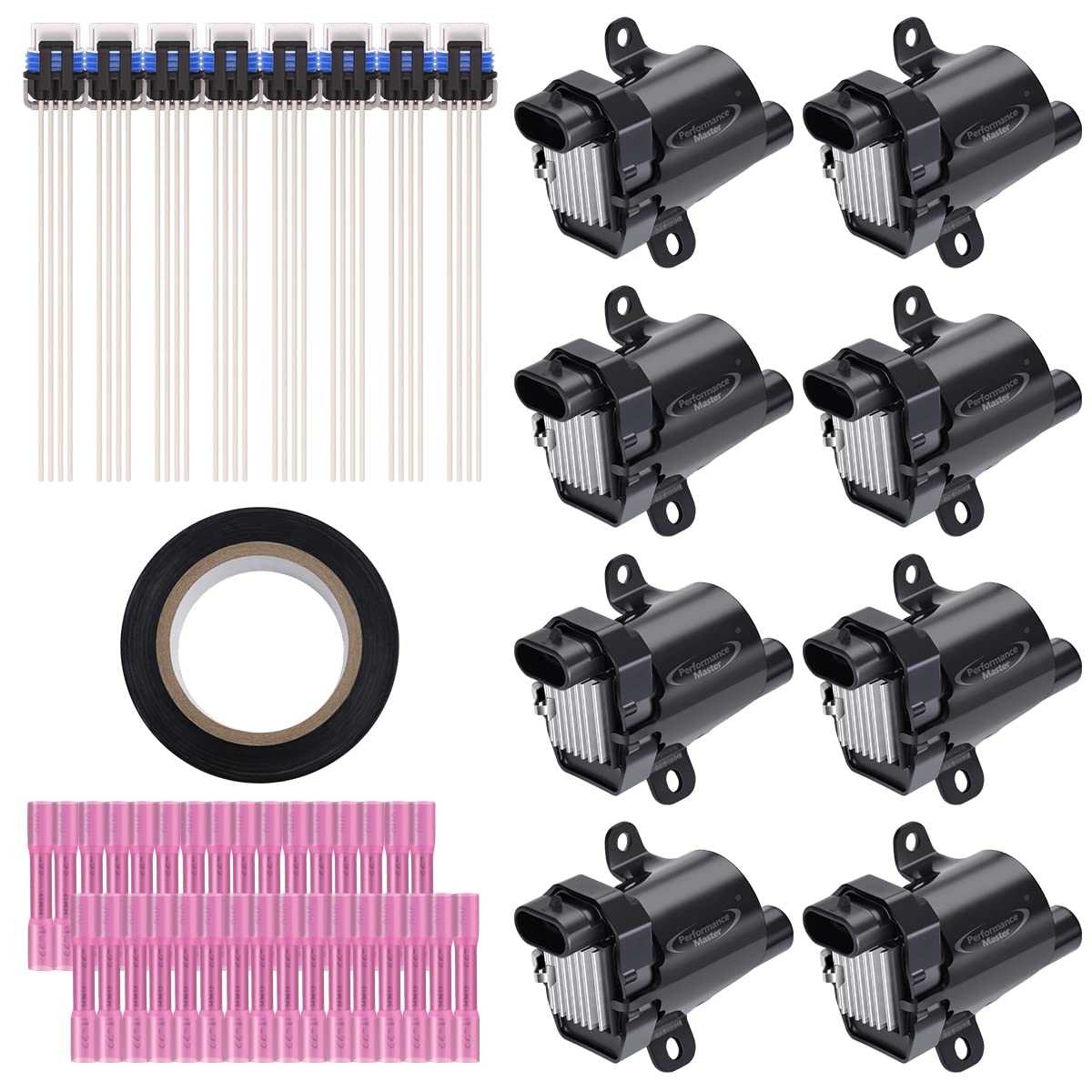 Set of 8 Round Ignition Coils &amp; Pigtail Connector Wiring Harness Kit Compatible with Chevy GMC 1500 2500 Express Sierra XL V8 Replacement For D585 C1251 UF262