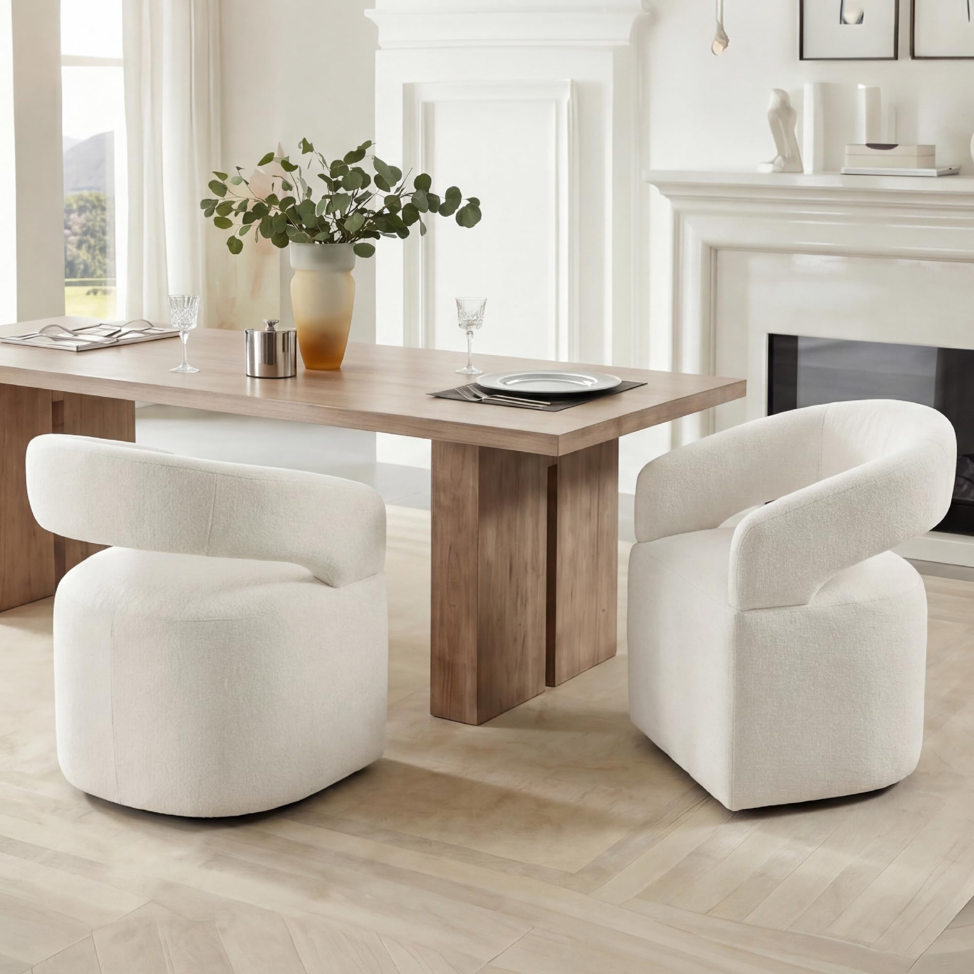 Photo 1 of KISLOT Upholstered Dining Chairs Set of 2, Modern Arm Kitchen & Dining Room Chairs with Hidden Casters, Linen Fabric Padded Rolling Chairs, Sturdy Wood Frame, 300 lbs Capacity, Ivory White