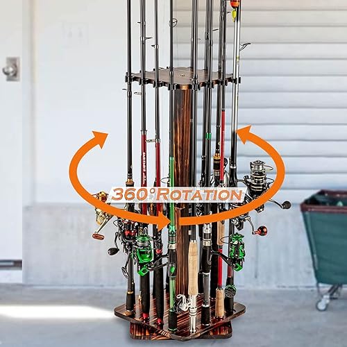 Miniatura 8 de Ghosthorn Fishing Rod Holders for Garage 360 Degree Rotating Fishing Pole Rack, Floor Stand Holds up to 16 Rods Wood Fishing Gear Equipment Storage