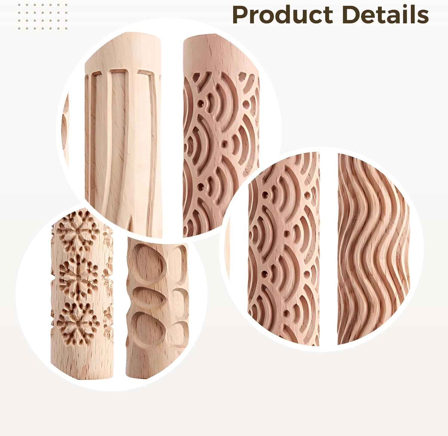 Five-Piece Beechwood Rolling Pin Set With Unique Textures For Cookies, Sculpture, And Clay; Features Wave, Snowflake, Curved, Pebble, Tree Bark Patterns For Creative Artistry