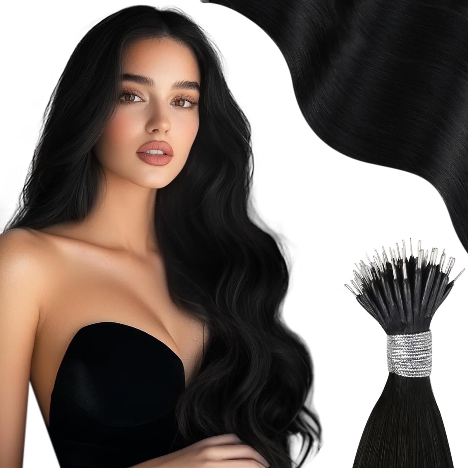 Moresoo Black Nano Hair Extensions Real Human Hair 18 Inch Nano Beads Hair Extensions Remy Straight Hair 1g/s 50g/Pack #1