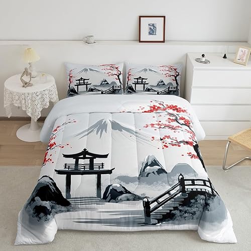 Erosebridal Juego de ropa de cama de estilo japonés, juego de edredón de flores de cerezo, juego de edredón de monte Fuji con ramas Sakura y flores,