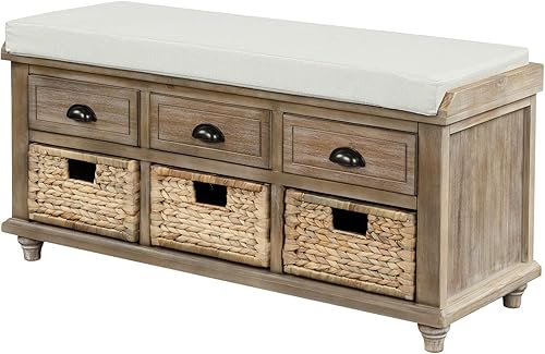 Miniatura 17 de SOFTSEA - Banco organizador de almacenamiento con 3 cajones, 3 canastas de ratán y cojín extraíble, para entrada, pasillo, sala de estar (negro)