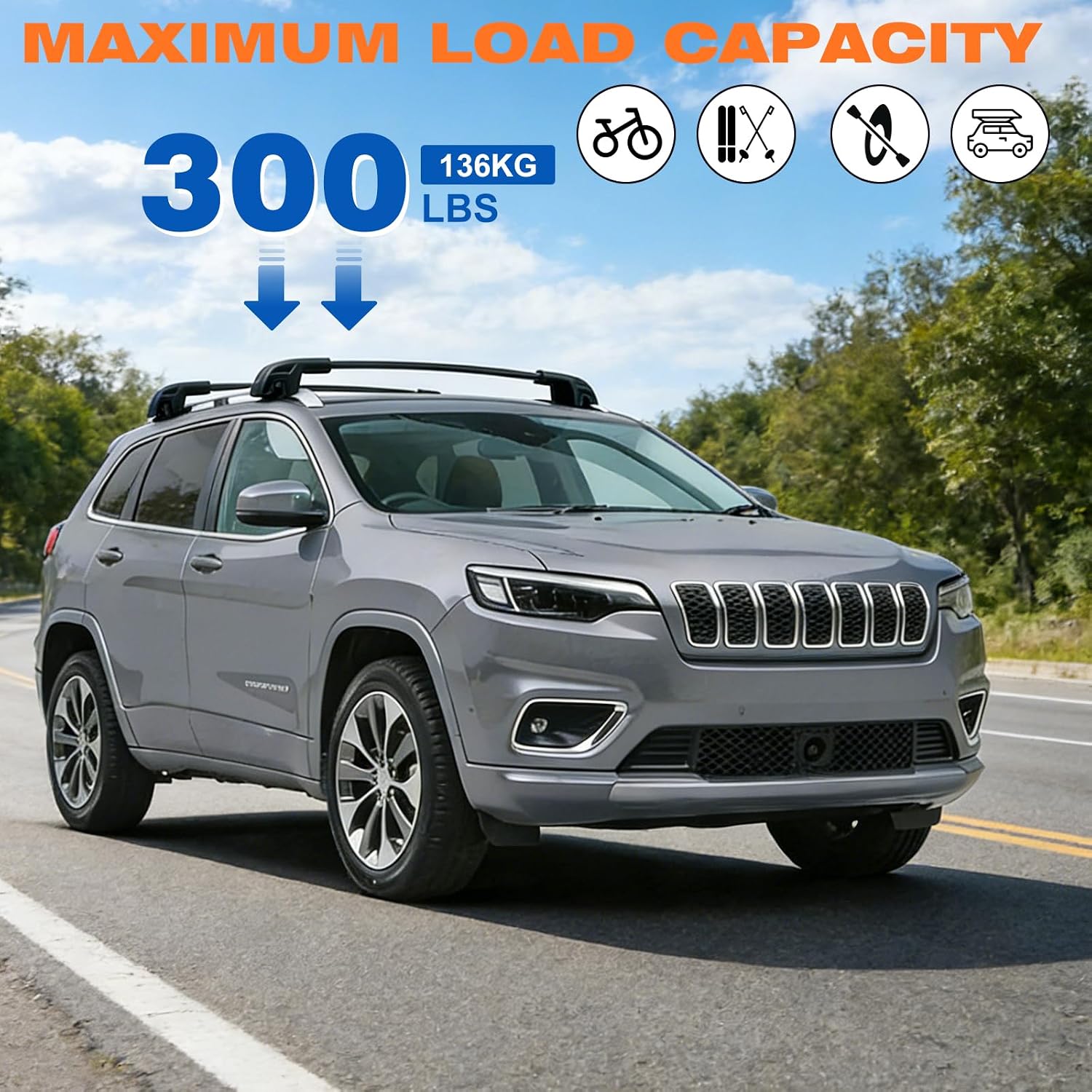 300 LBS Roof Rack Cross Bars Fit for Jeep Cherokee 2014-2023 (Not for Grand Cherokee), Aluminum Heavy Duty Car Roof Rack, Adjustable Roof Cross Bars for Cargo Box, Kayak, Rooftop Crossbar Accessories