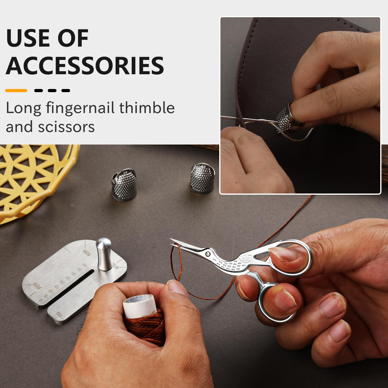 TLKKUE Leather Stitching Punch Aid Plate, Stainless Leather Punch Plate with Sewing Stork Scissor and Thimbles, Leather Punch Aid Plate for Pulling Out Diamond Rimmed Chisels or Nail Irons