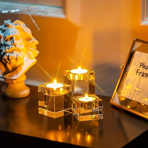 Miniatura 3 de Sziqiqi Portavelas pequeños de cristal, portavelas decorativas para centro de mesa, boda, juego de 3 cuadrados