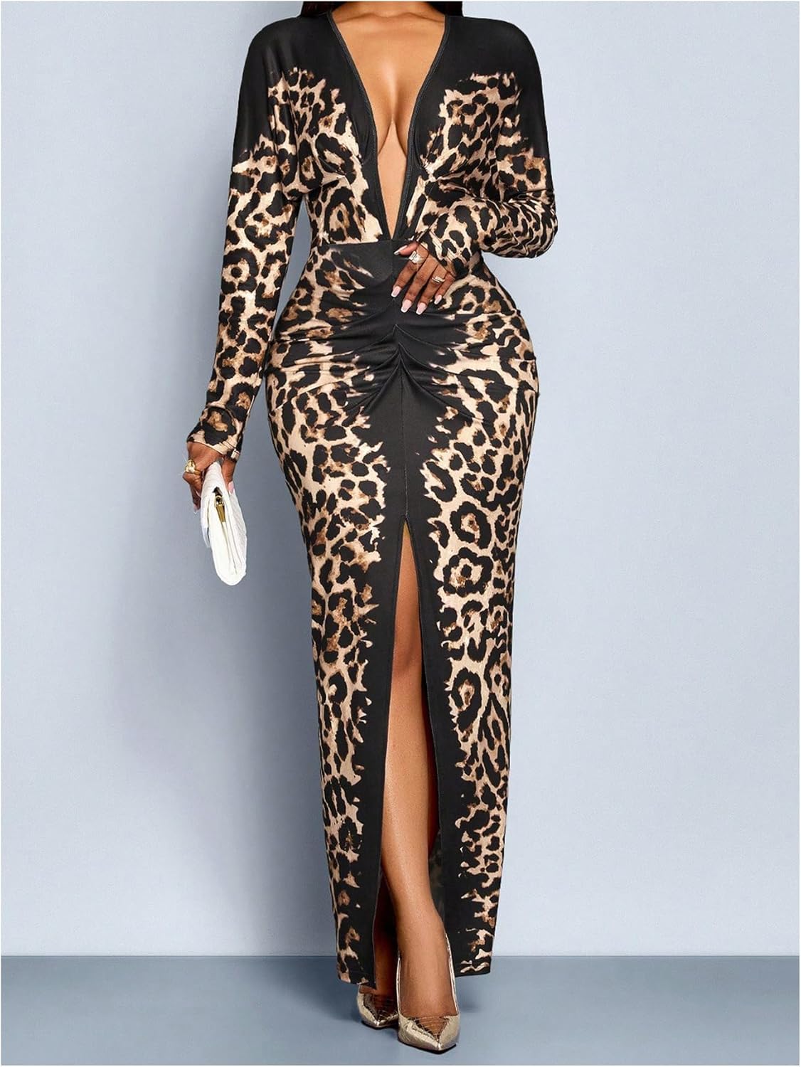 GORGLITTER Women's Leopard Cheetah Print Bodycon Maxi Dress Deep High Slit Long Sleeve Prom Long Birthday Party Dresses