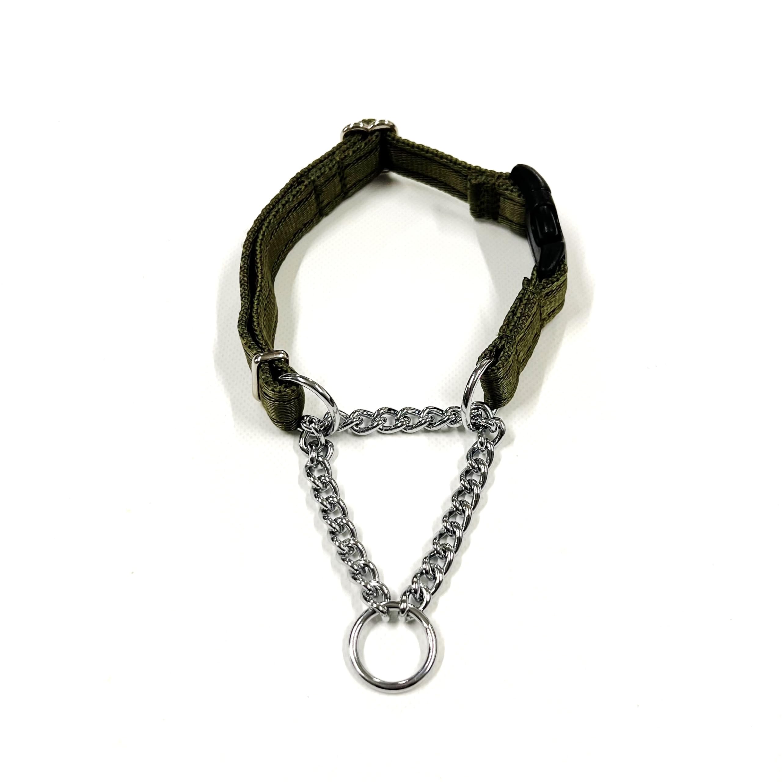Adjustable Half Check Chain Dog Collar With Curved Side Release Buckle 20mm Wide Cushion Webbing (Olive Green, Large)