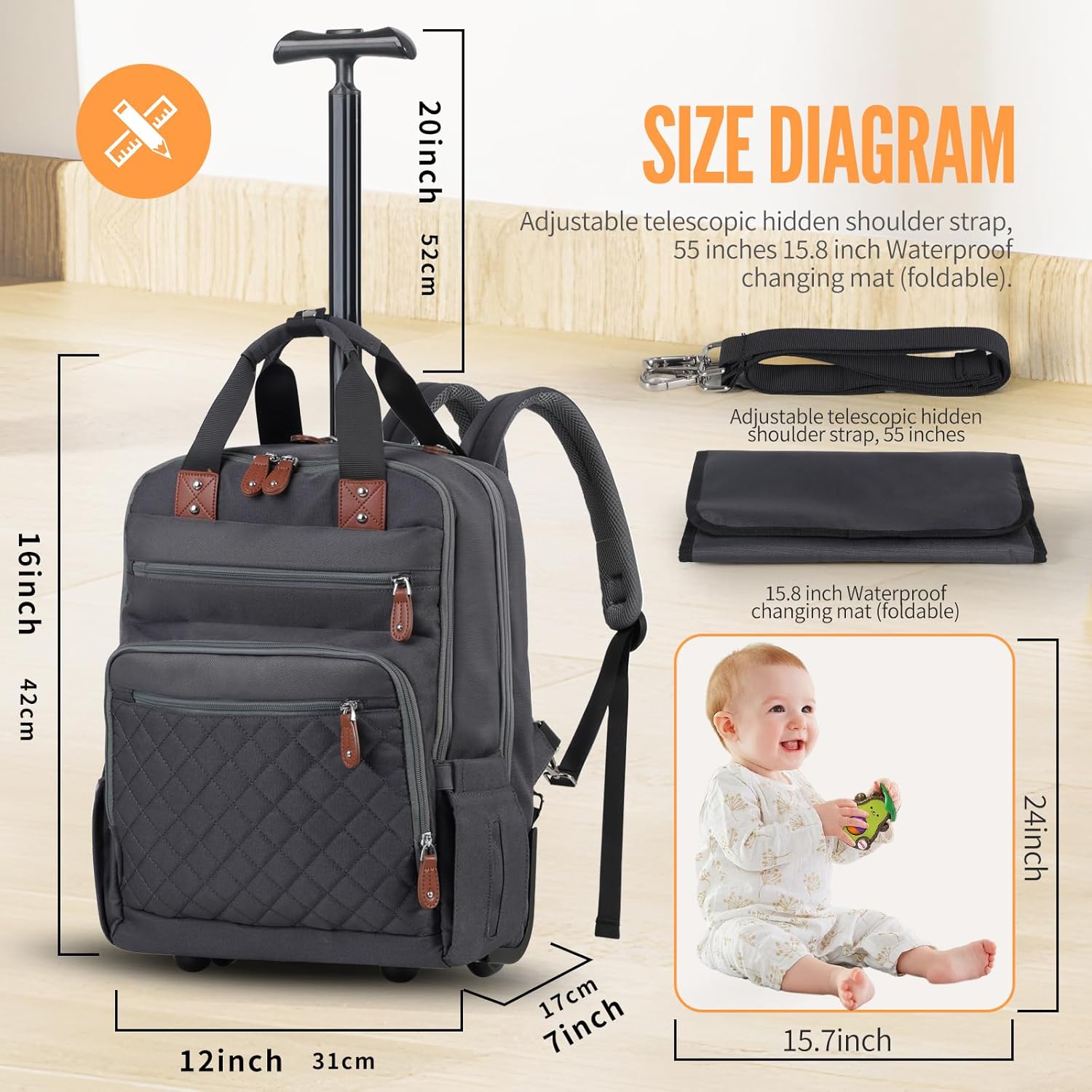 2-in-1 Hidden Rolling Diaper Bag, Convertible Travel Backpack Diaper Bag with Retractable Handle & Hidden Wheels,wet/dry compartment and 3 bottle storage