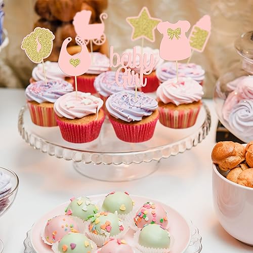 Miniatura 4 de Gyufise 28 piezas de decoración para cupcakes para baby shower, con purpurina dorada, con estampado de estrellas, pezón de bebé, niña, decoración de