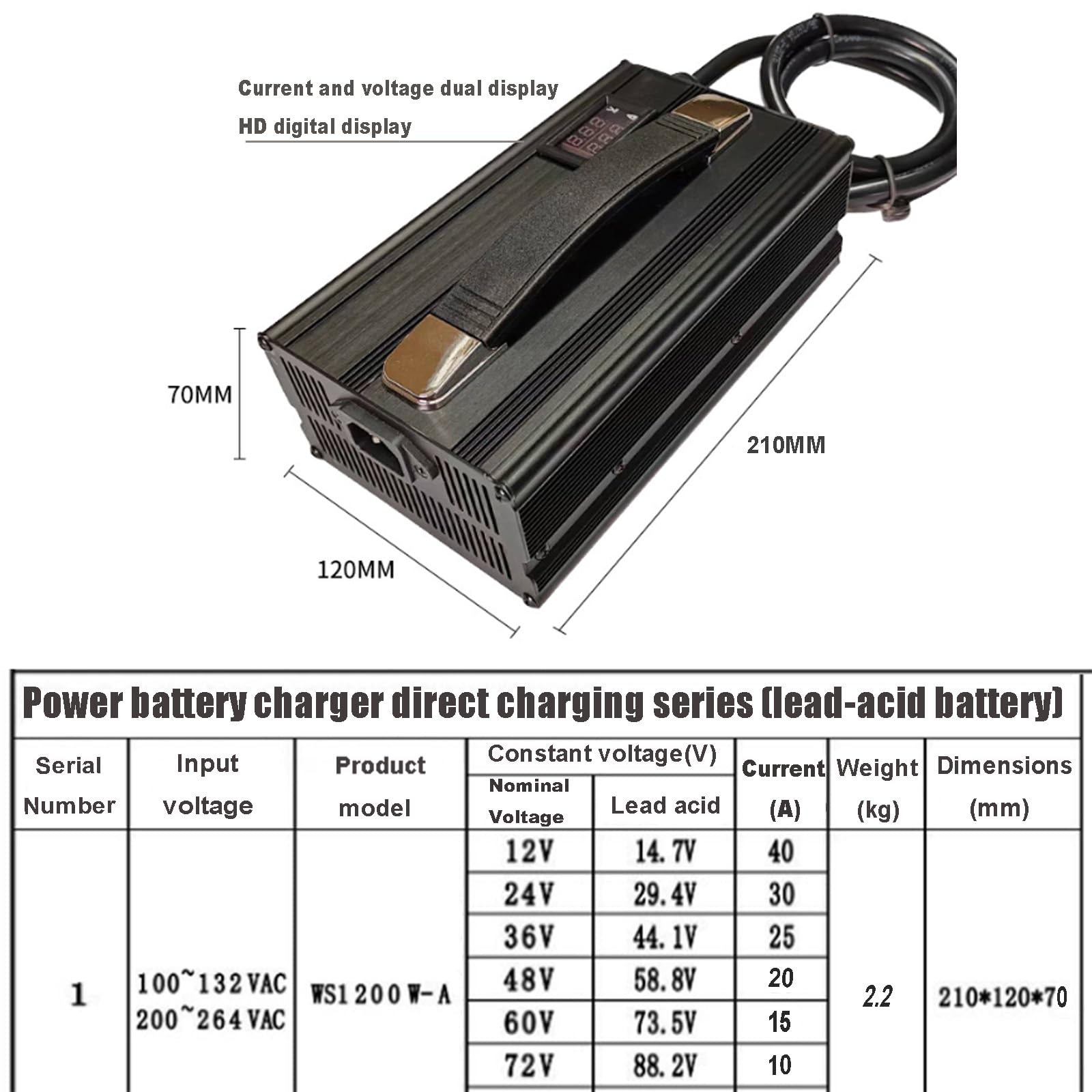 Cargador De Batería De 12V/24V/36V/48V/60/72V, Cargador De Carretilla Elevadora, Cargador De Vehículo Eléctrico, Cargador De Batería De Almacenamiento De Energía con Pantalla