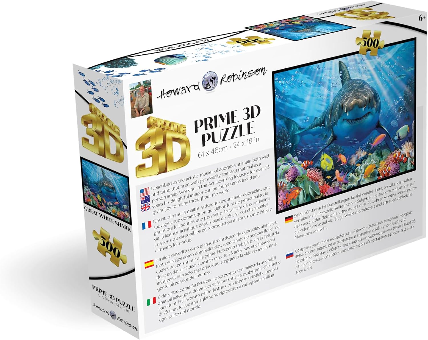 Prime 3D Great White Shark Puzzle – 500 Piece 3D Lenticular Ocean Jigsaw for Adults & Kids, 24"x18" Fun Activity with Depth, Howard Robinson Gift