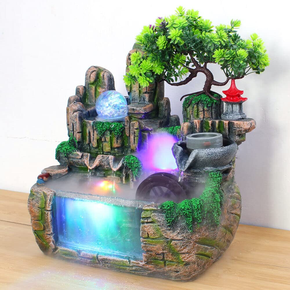Fuente de la habitación Fuente de mesa agua característica Springfontein con luces zerstäubung LED mesa sala agua fuente escritorio cascada verde planta decoración mesa