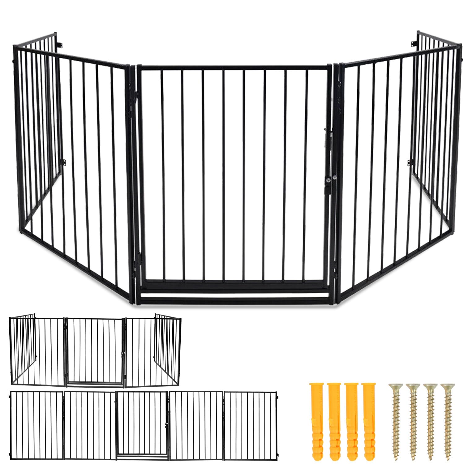 Kaminschutzgitter mit Tür Metall 304 cm | Kamingitter Absperrgitter faltbar | Tierschutzgitter | Türschutzgitter für Kinder-Sicherung | 5-teilig Elemente (je 60 x 76 cm) Schwarz