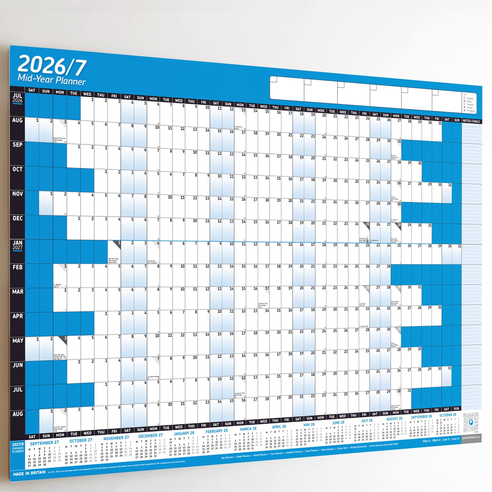 PlannerHead 2026/27 Academic Wall Planner/July 2026-August 2027 Calendar UK/Unmounted Unlaminated Year Planner Poster/Teal A2+ 43cm x 62cm (Rolled)